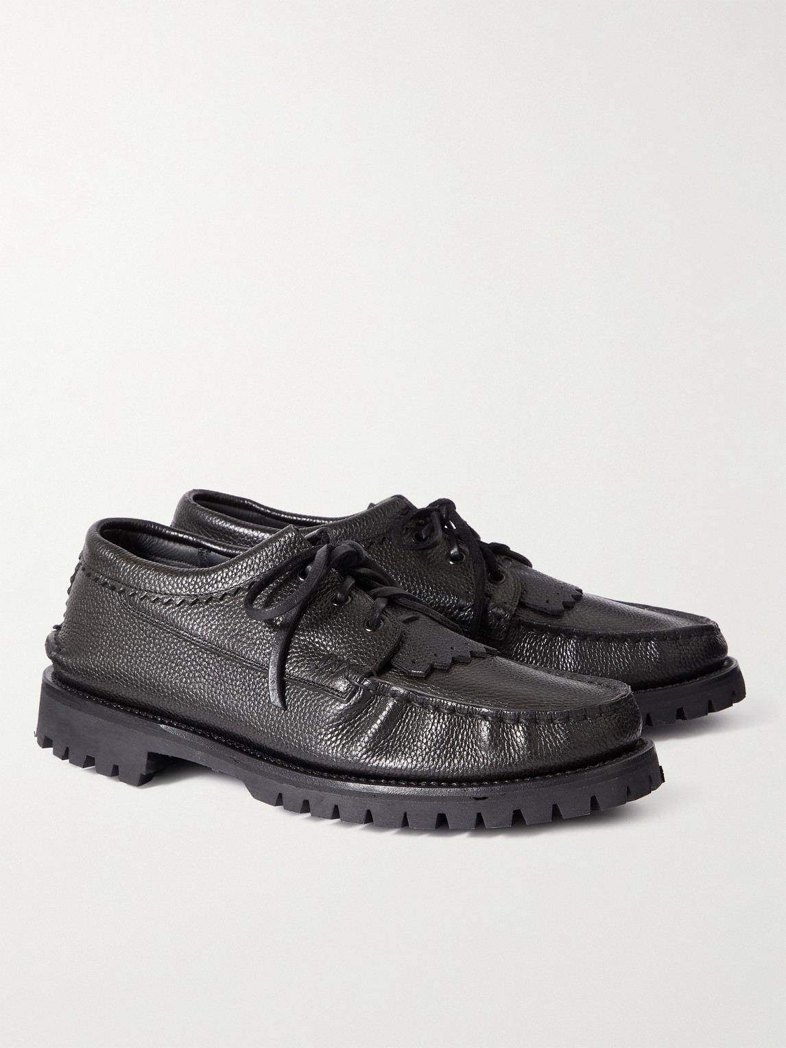Shop Yuketen Fringed Full-grain Leather Kiltie Boat Shoes In Black