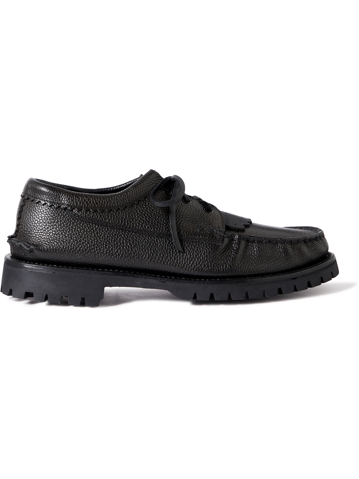 Yuketen Fringed Full-grain Leather Kiltie Boat Shoes In Black