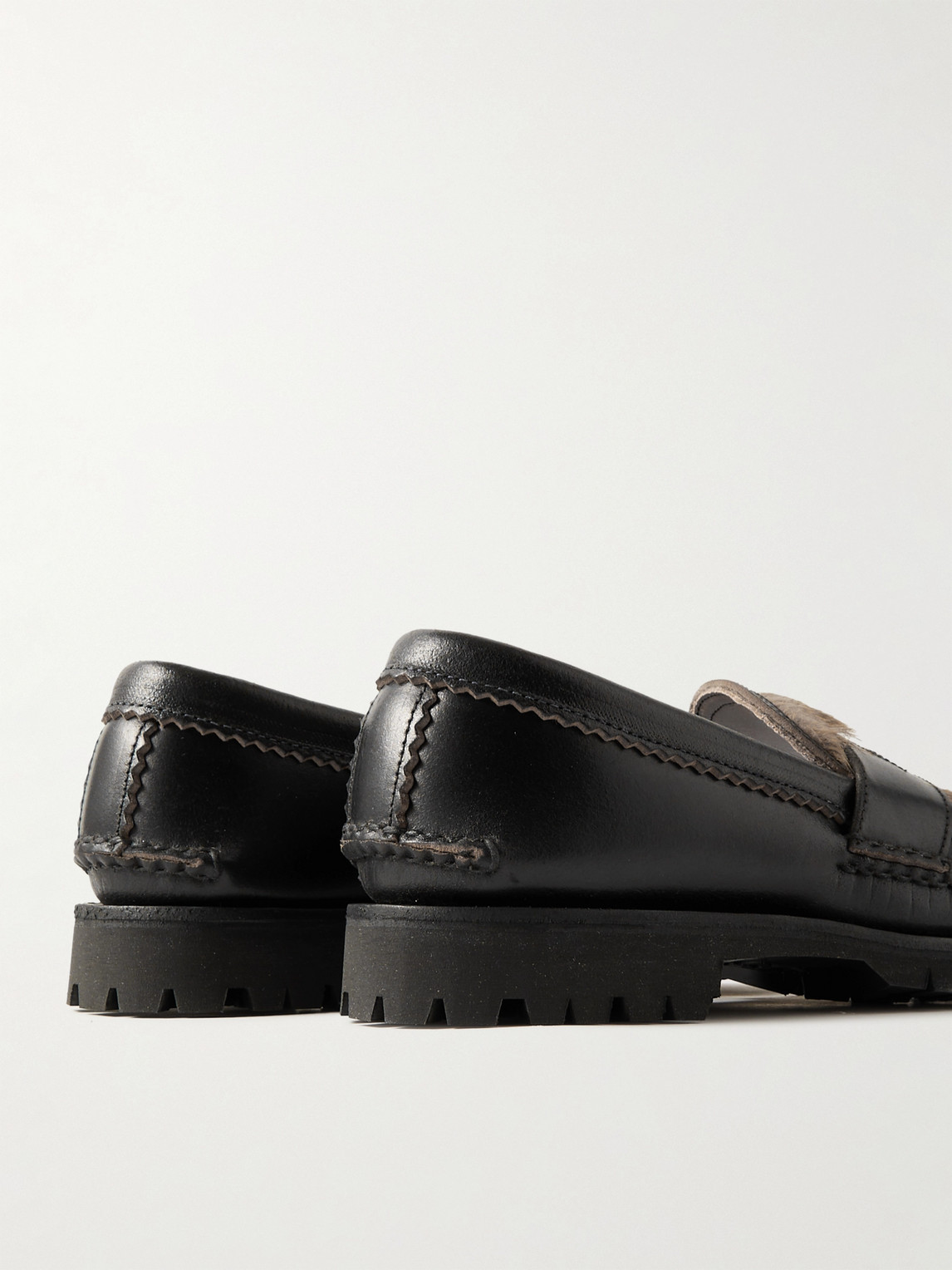 Shop Yuketen Leather And Faux Fur Penny Loafers In Black