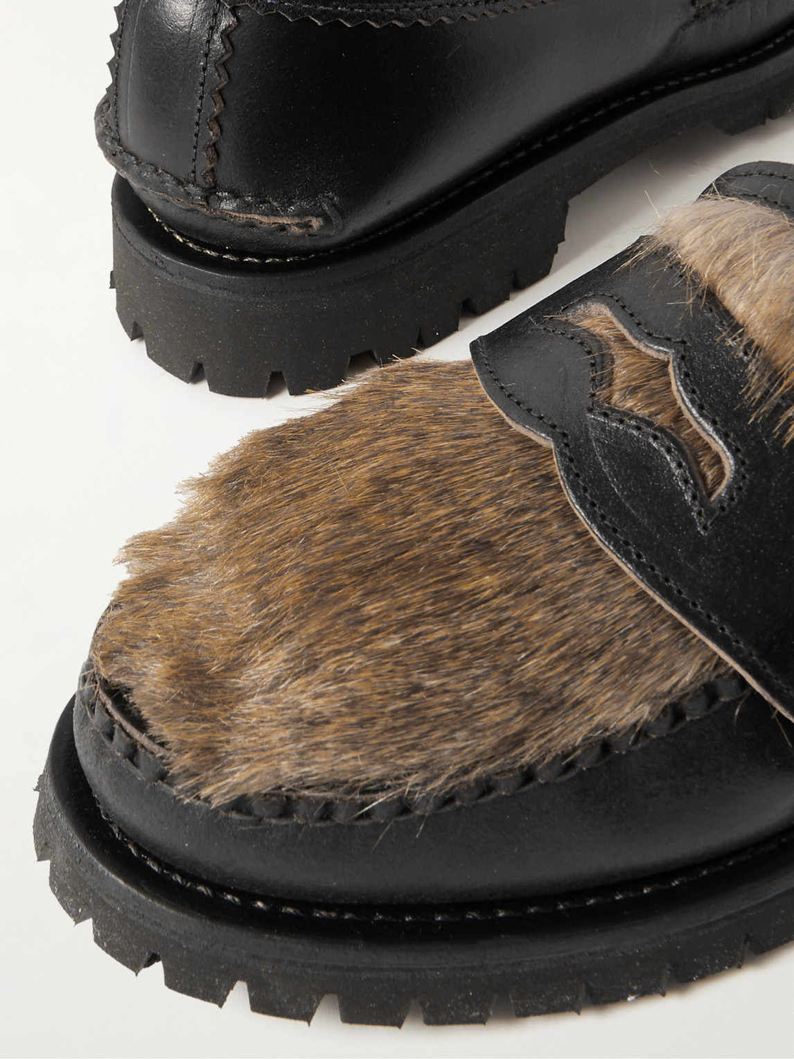 Shop Yuketen Leather And Faux Fur Penny Loafers In Black