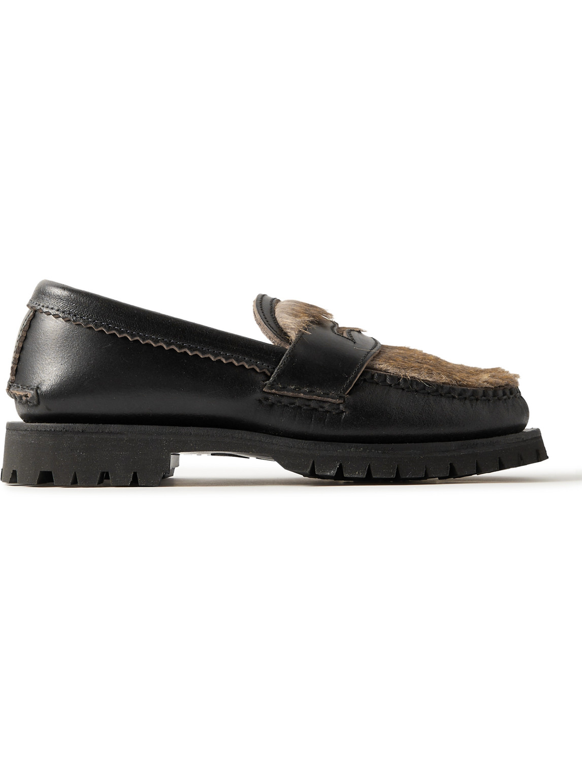 Yuketen Leather And Faux Fur Penny Loafers In Black