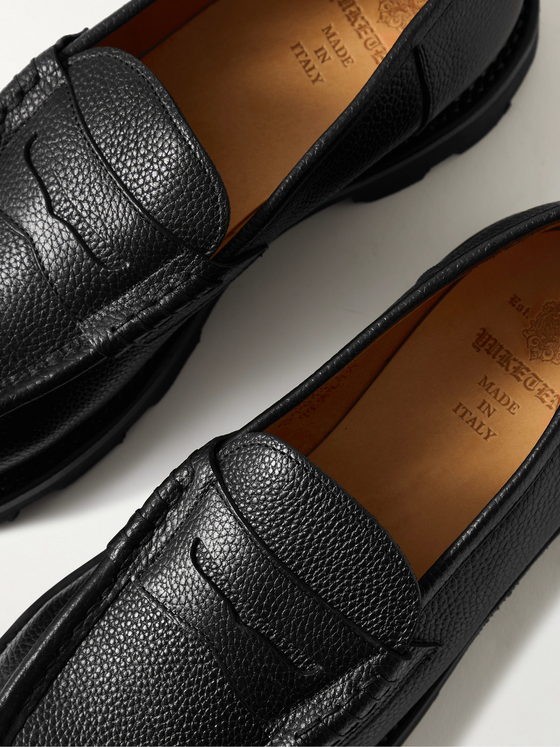Shop Yuketen Frentaly Pebble-grain Leather Penny Loafers In Black