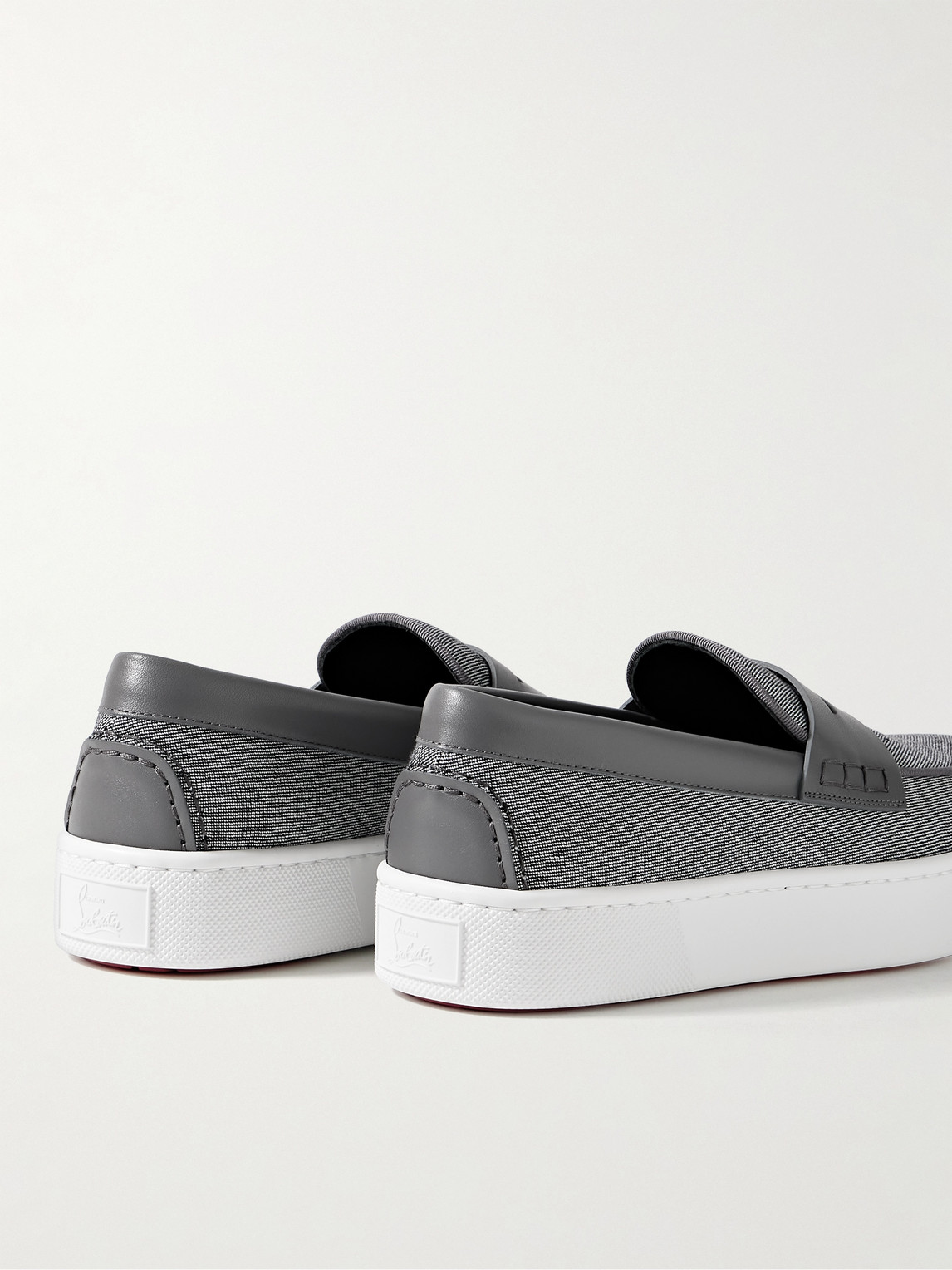 Shop Christian Louboutin Paqueboat Leather-trimmed Linen-canvas Penny Loafers In Gray