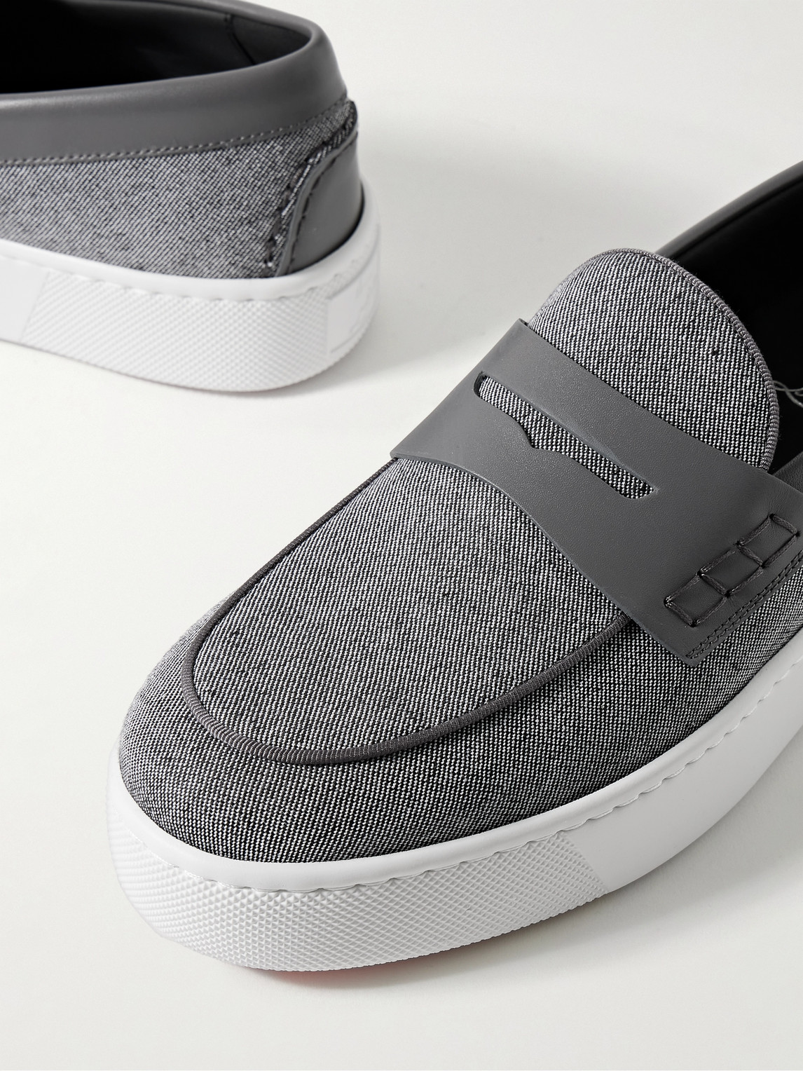 Christian Louboutin Paqueboat Leather-trimmed Linen-canvas Penny Loafers In Gray