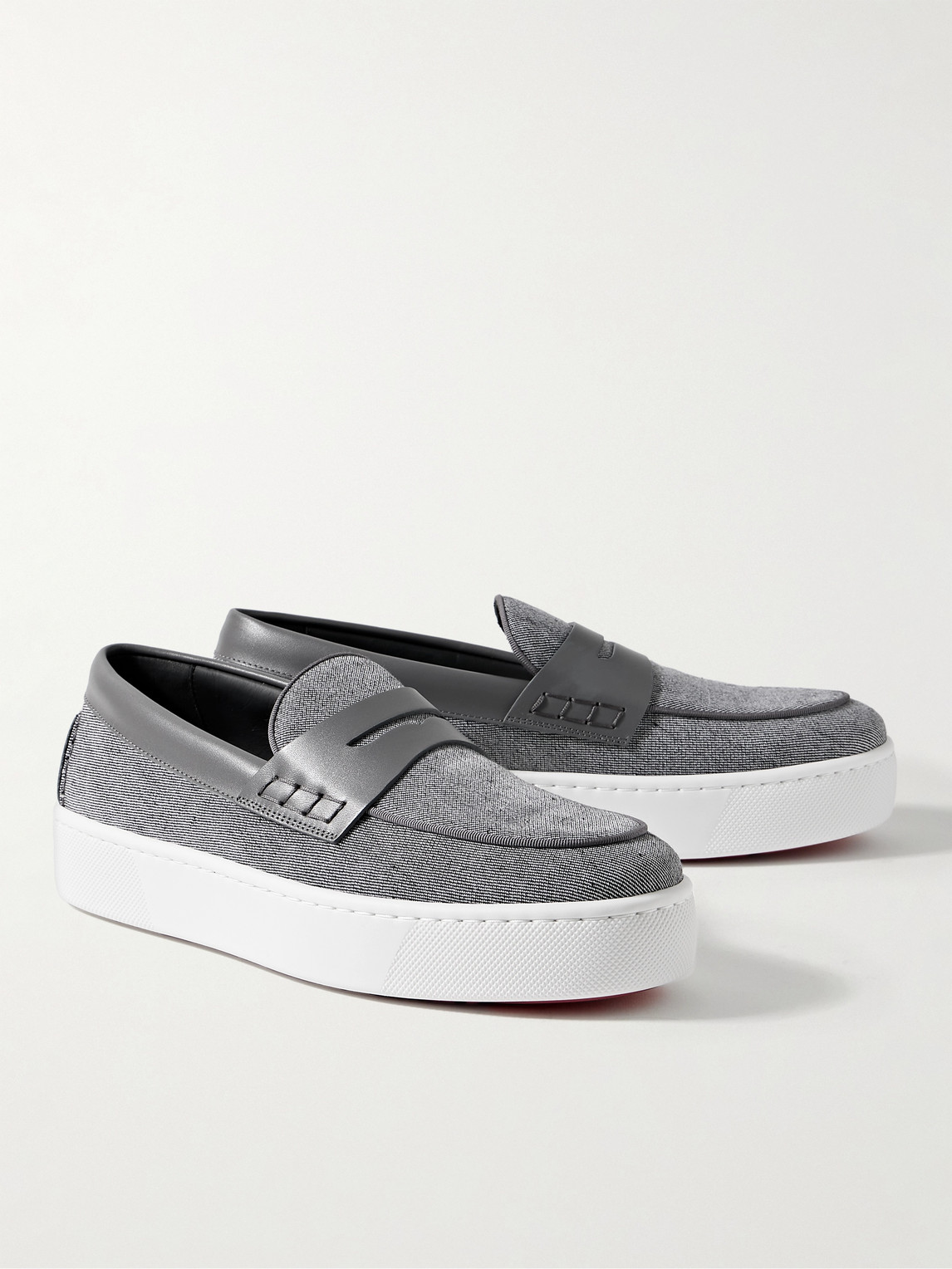 Shop Christian Louboutin Paqueboat Leather-trimmed Linen-canvas Penny Loafers In Gray