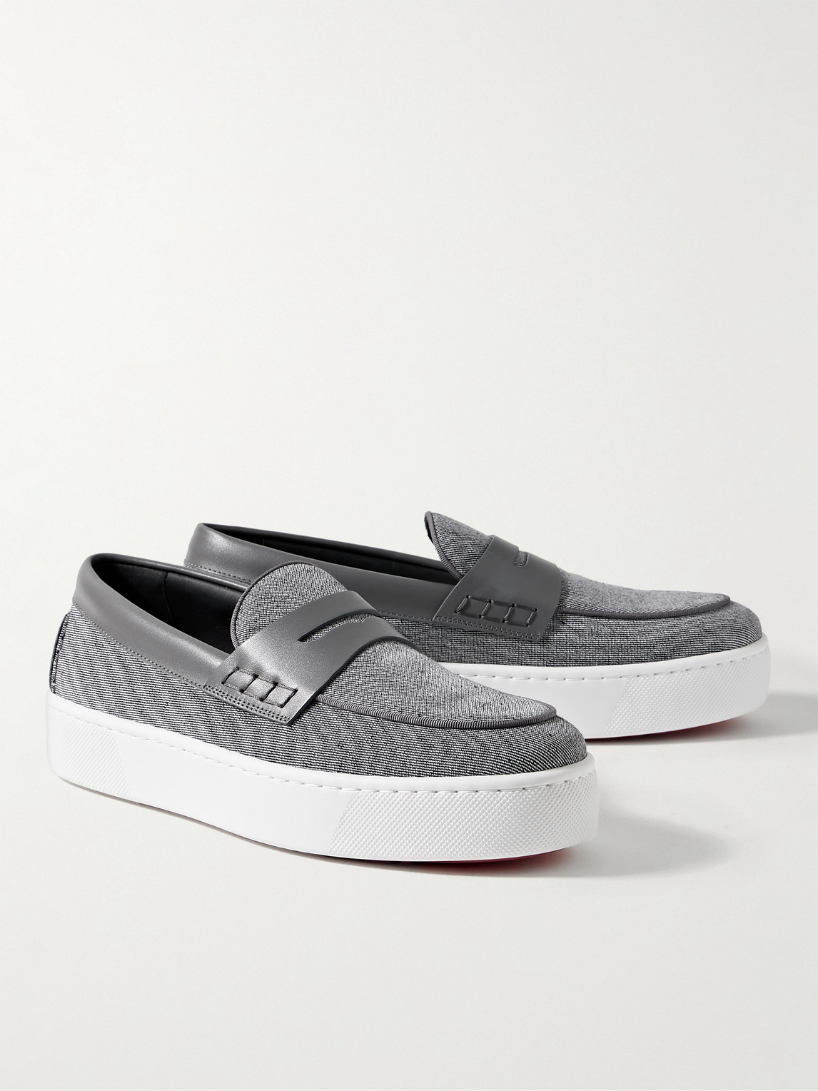 Christian Louboutin Paqueboat Leather-trimmed Linen-canvas Penny Loafers In Gray