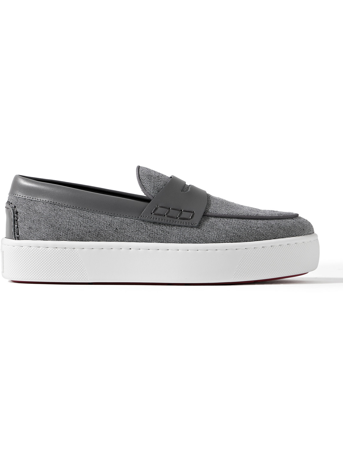 Shop Christian Louboutin Paqueboat Leather-trimmed Linen-canvas Penny Loafers In Gray