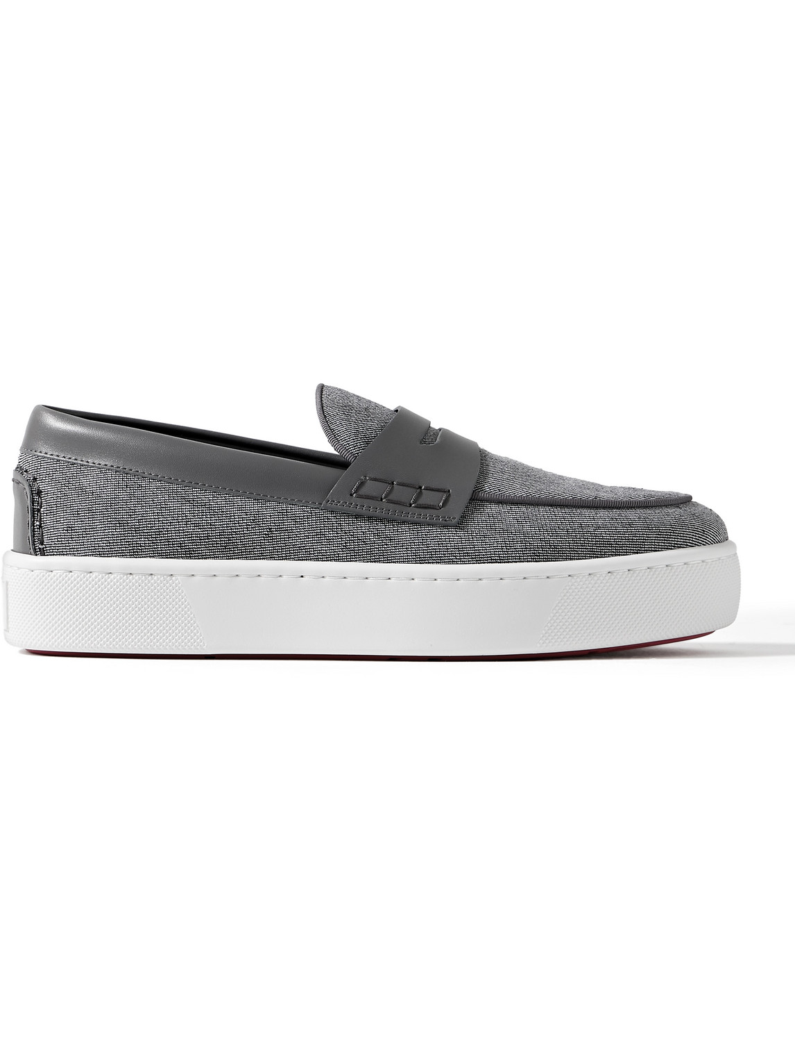 Christian Louboutin Paqueboat Leather-trimmed Linen-canvas Penny Loafers In Gray