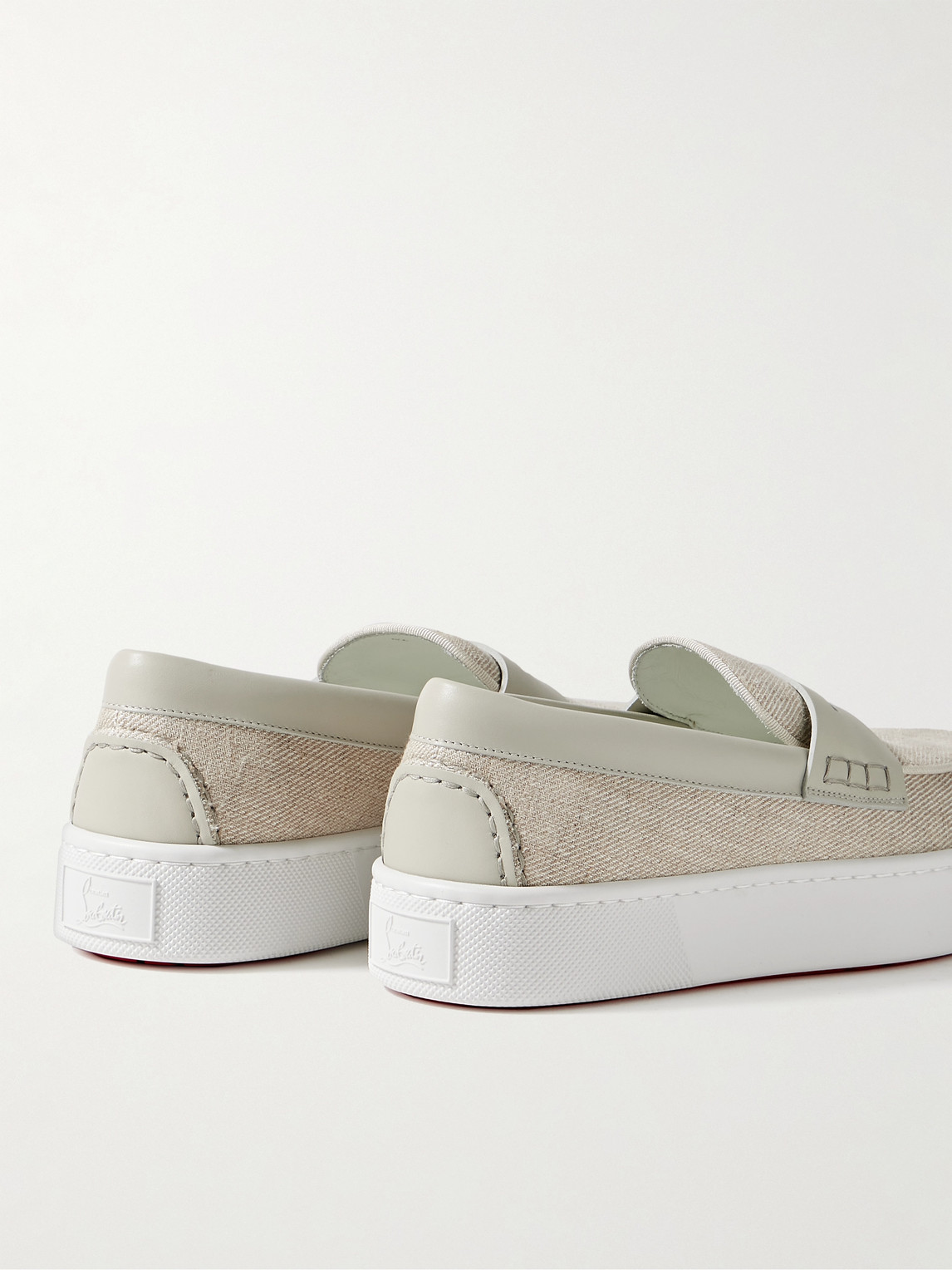 Shop Christian Louboutin Paqueboat Leather-trimmed Linen-canvas Penny Loafers In Gray