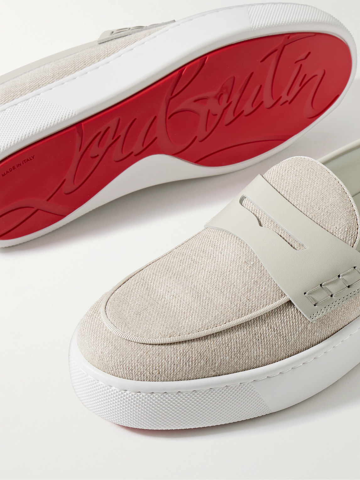 Shop Christian Louboutin Paqueboat Leather-trimmed Linen-canvas Penny Loafers In Gray