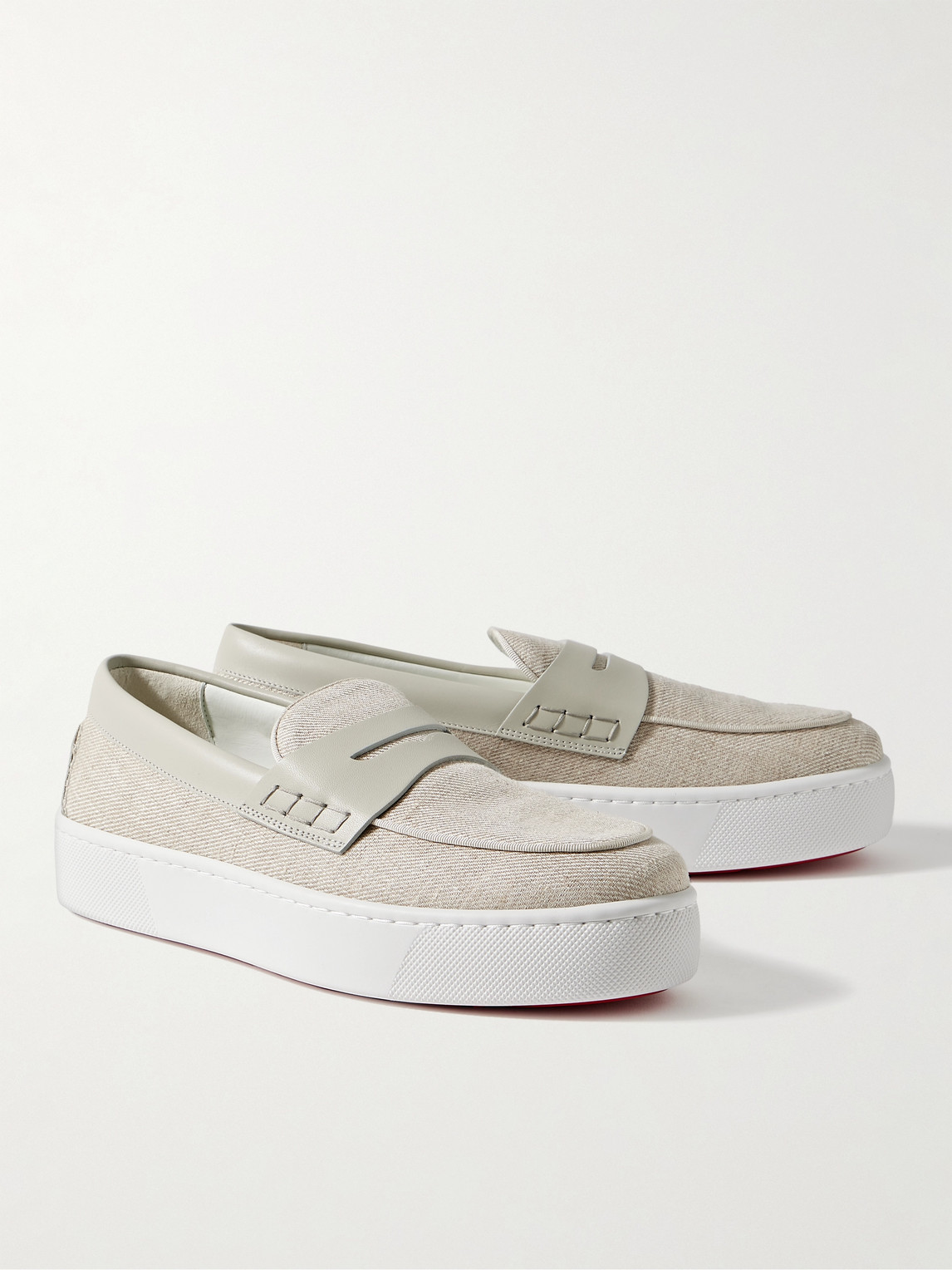 Shop Christian Louboutin Paqueboat Leather-trimmed Linen-canvas Penny Loafers In Gray