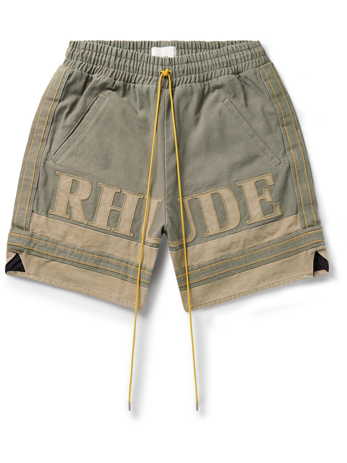 Rhude Straight-leg Logo-appliquéd Striped Cotton-canvas Drawstring Shorts In Green