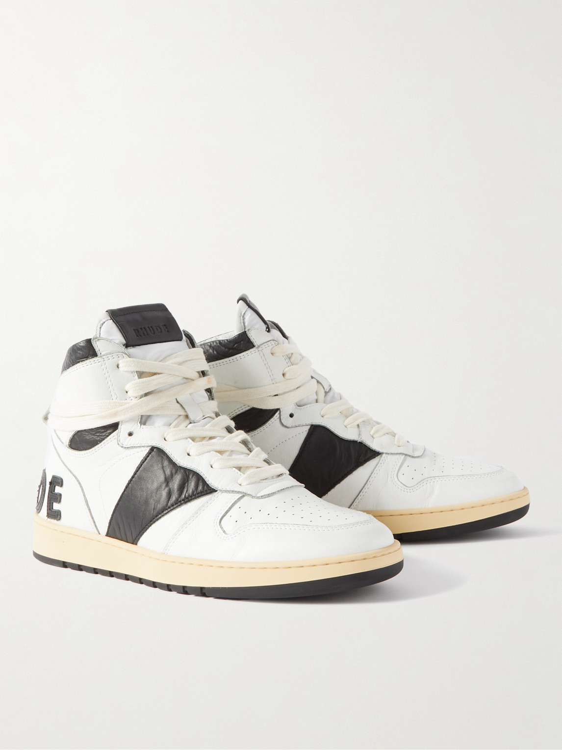 Shop Rhude Rhecess Colour-block Distressed Leather High-top Sneakers In White