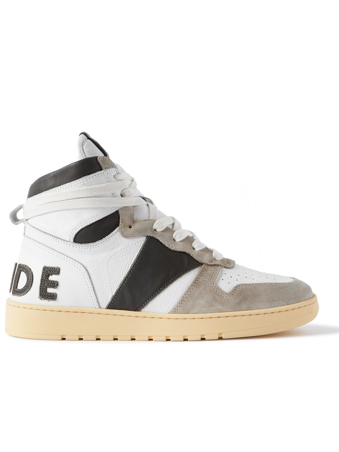 RHUDE RHECESS COLOUR-BLOCK DISTRESSED SUEDE-TIMMED LEATHER HIGH-TOP SNEAKERS