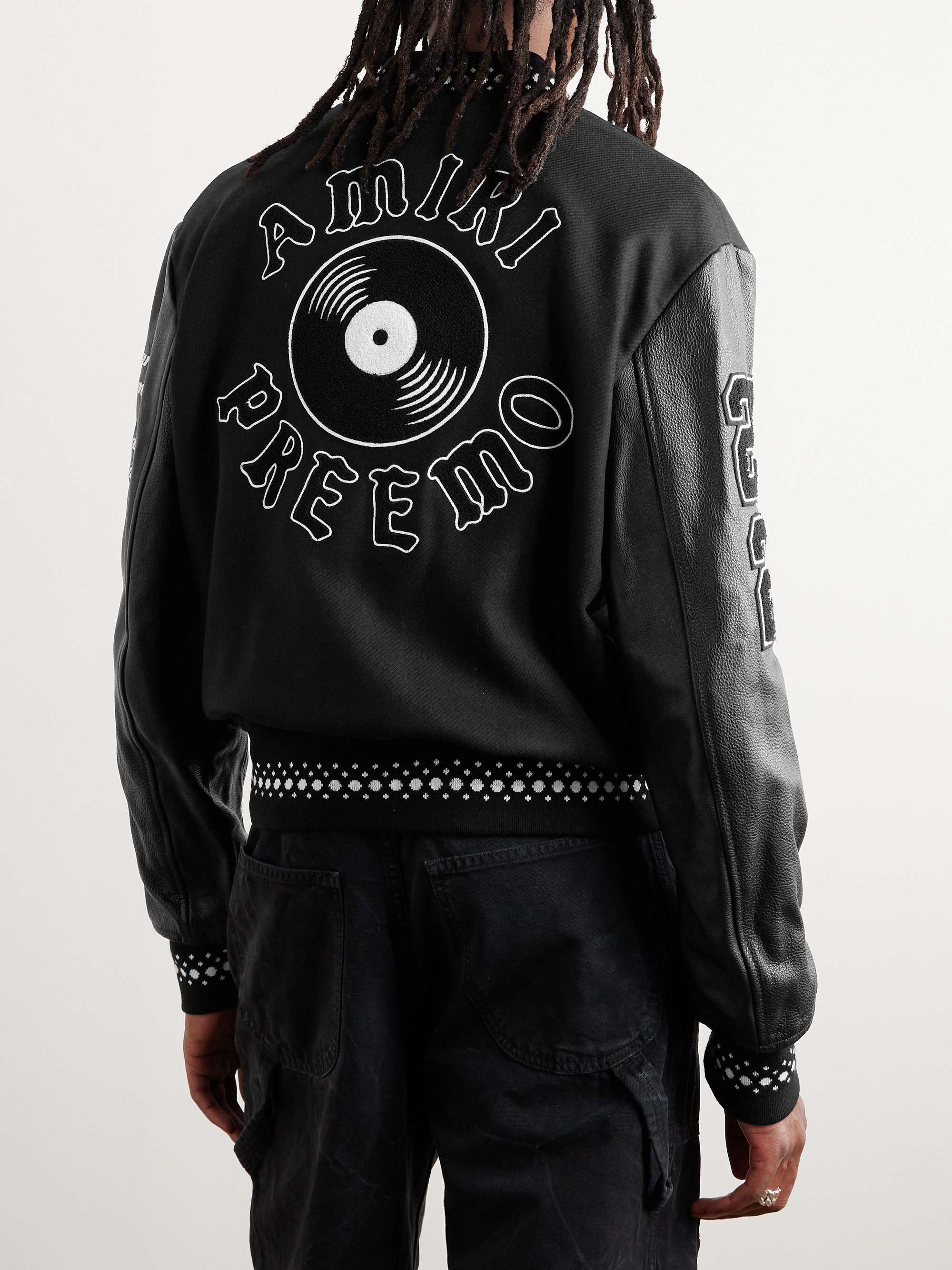 AMIRI Appliquéd Embroidered Wool-Blend Twill and Leather Varsity Jacket ...