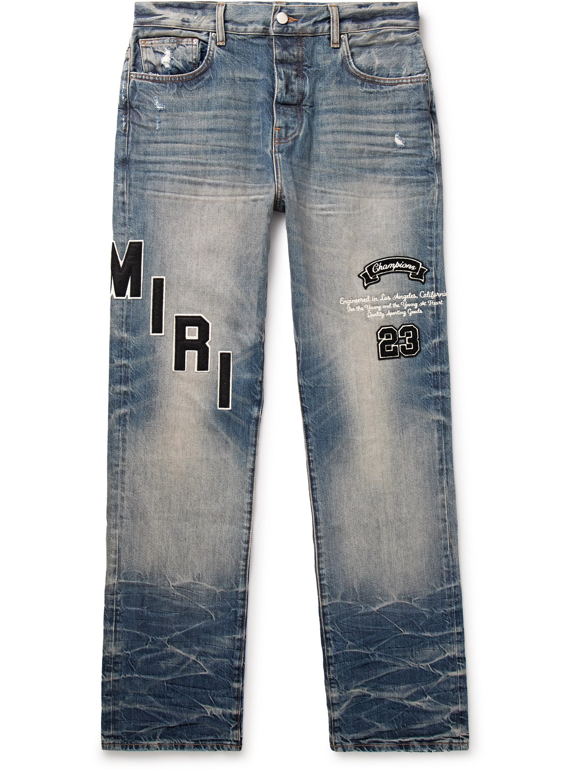 AMIRI STRAIGHT-LEG LOGO-APPLIQUÉD EMBROIDERED DISTRESSED JEANS