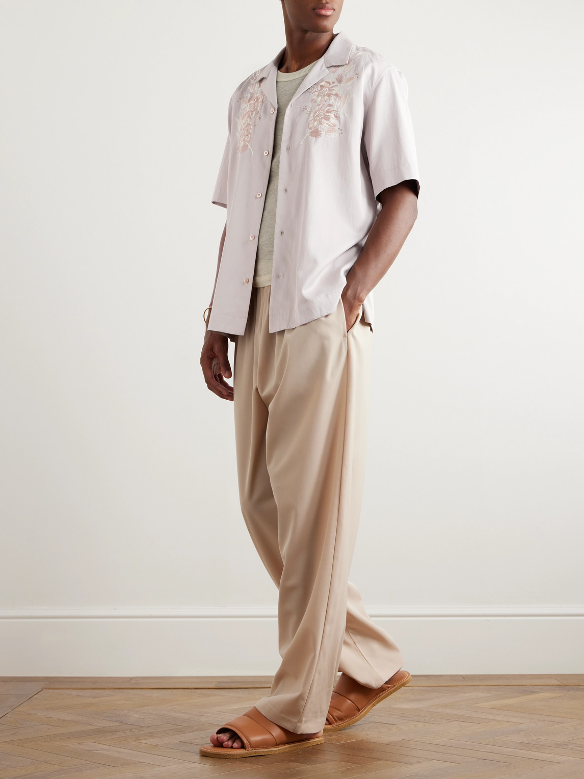 Camp-Collar Embroidered Satin Shirt — 2