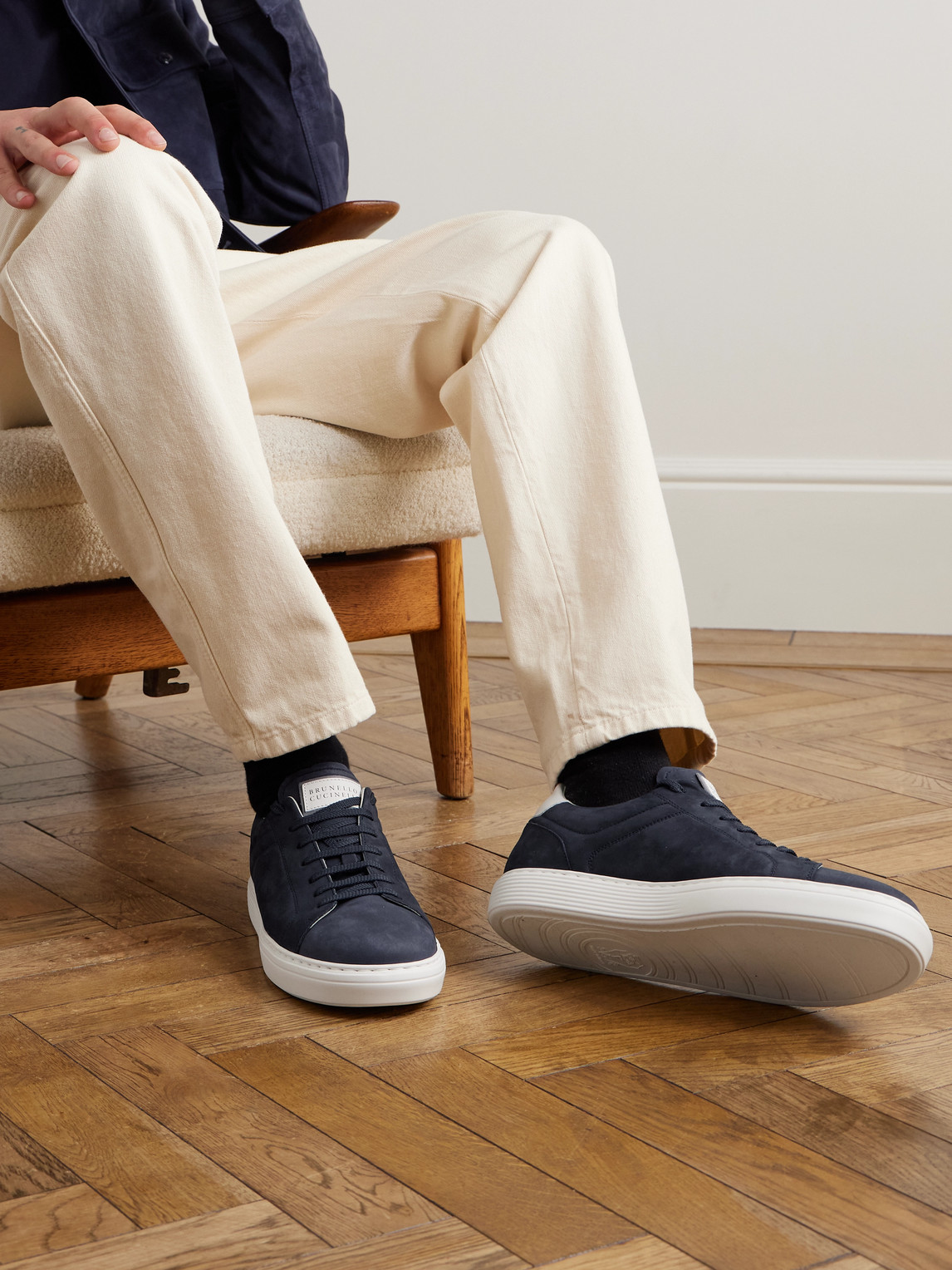 Brunello Cucinelli Nubuck-leather Low-top Sneakers In Blue