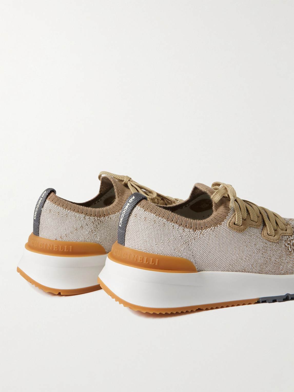 Shop Brunello Cucinelli Suede-trimmed Stretch-knit Sneakers In Brown