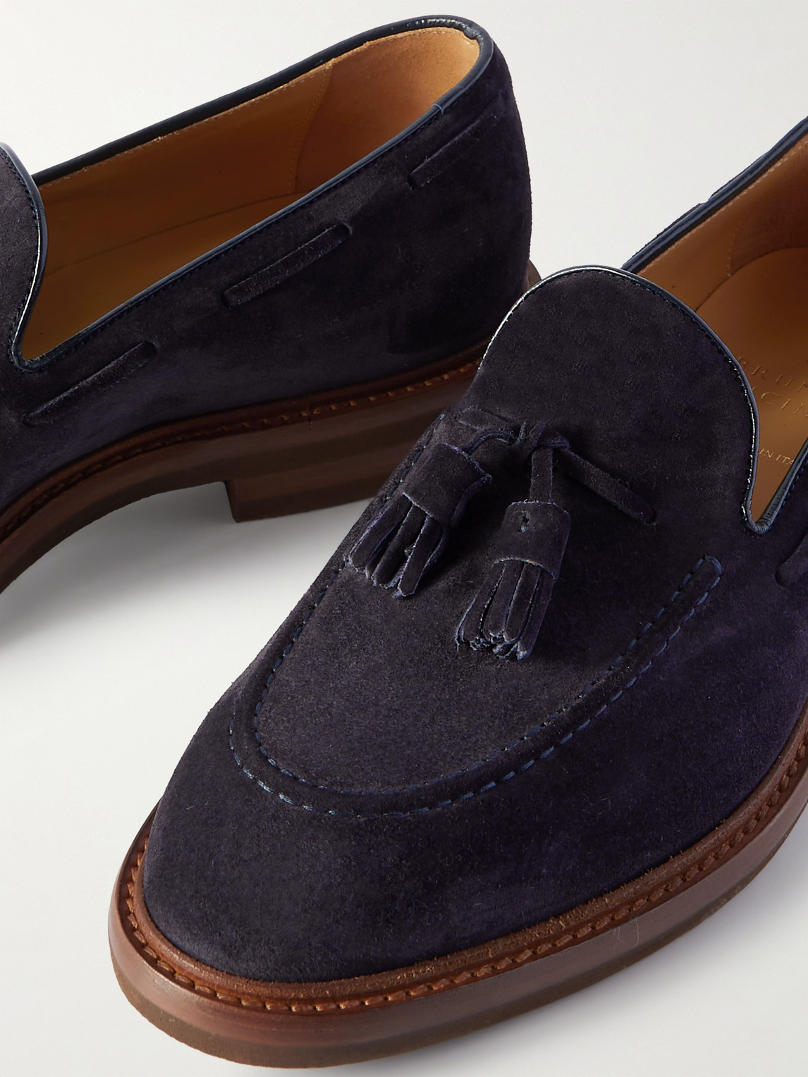 Shop Brunello Cucinelli Leather-trimmed Tasselled Suede Loafers In Blue