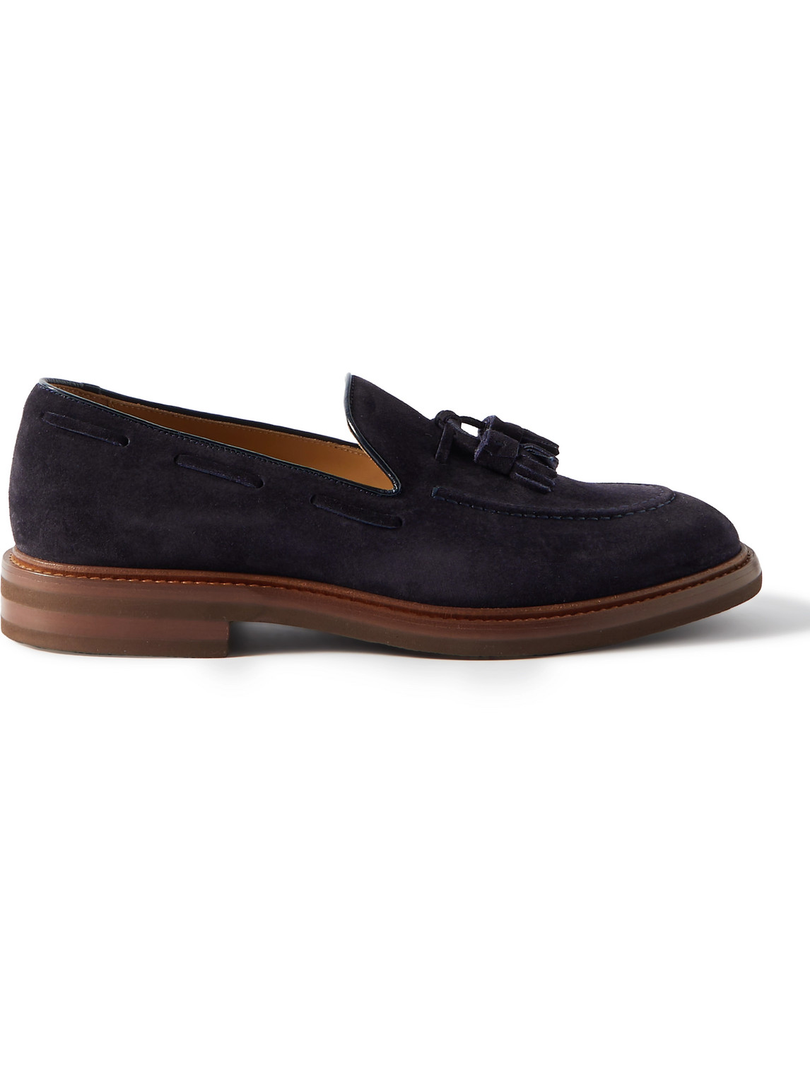 Brunello Cucinelli Leather-trimmed Tasselled Suede Loafers In Blue