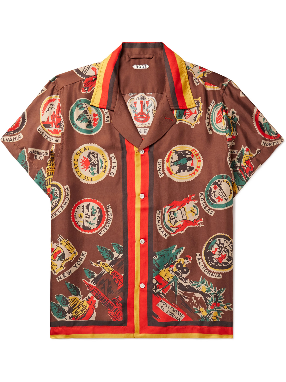 Bode Camp-collar Printed Silk Shirt In Brown