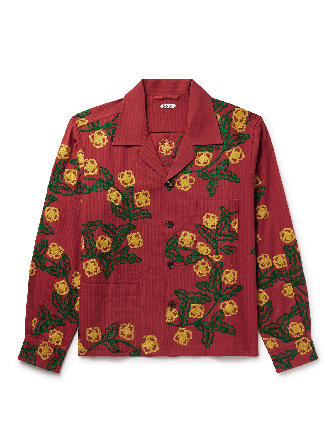 Bode Marigold Wreath Camp-collar Embroidered Striped Cotton Shirt In Red