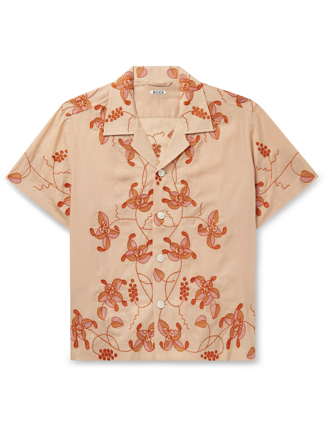 BODE BOUGAINVILLEA CAMP-COLLAR EMBROIDERED COTTON-VOILE SHIRT