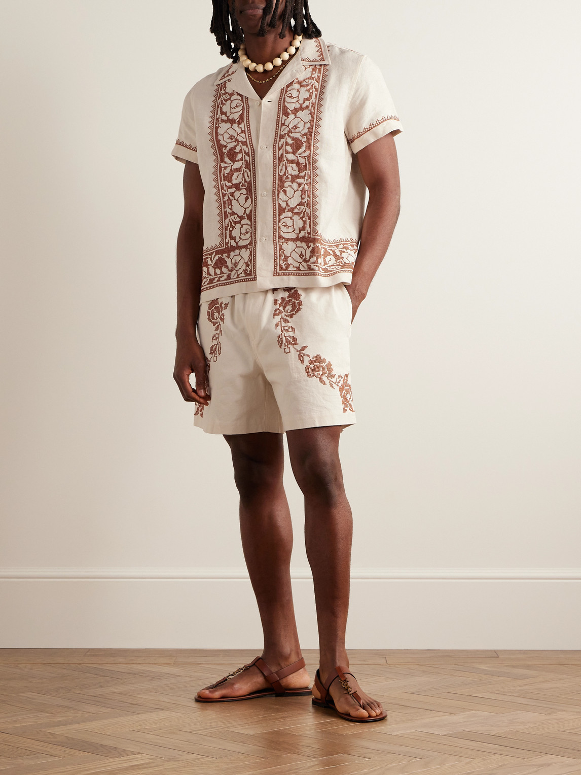 Rose Garland Camp-Collar Cross-Stitched Linen Shirt — 2