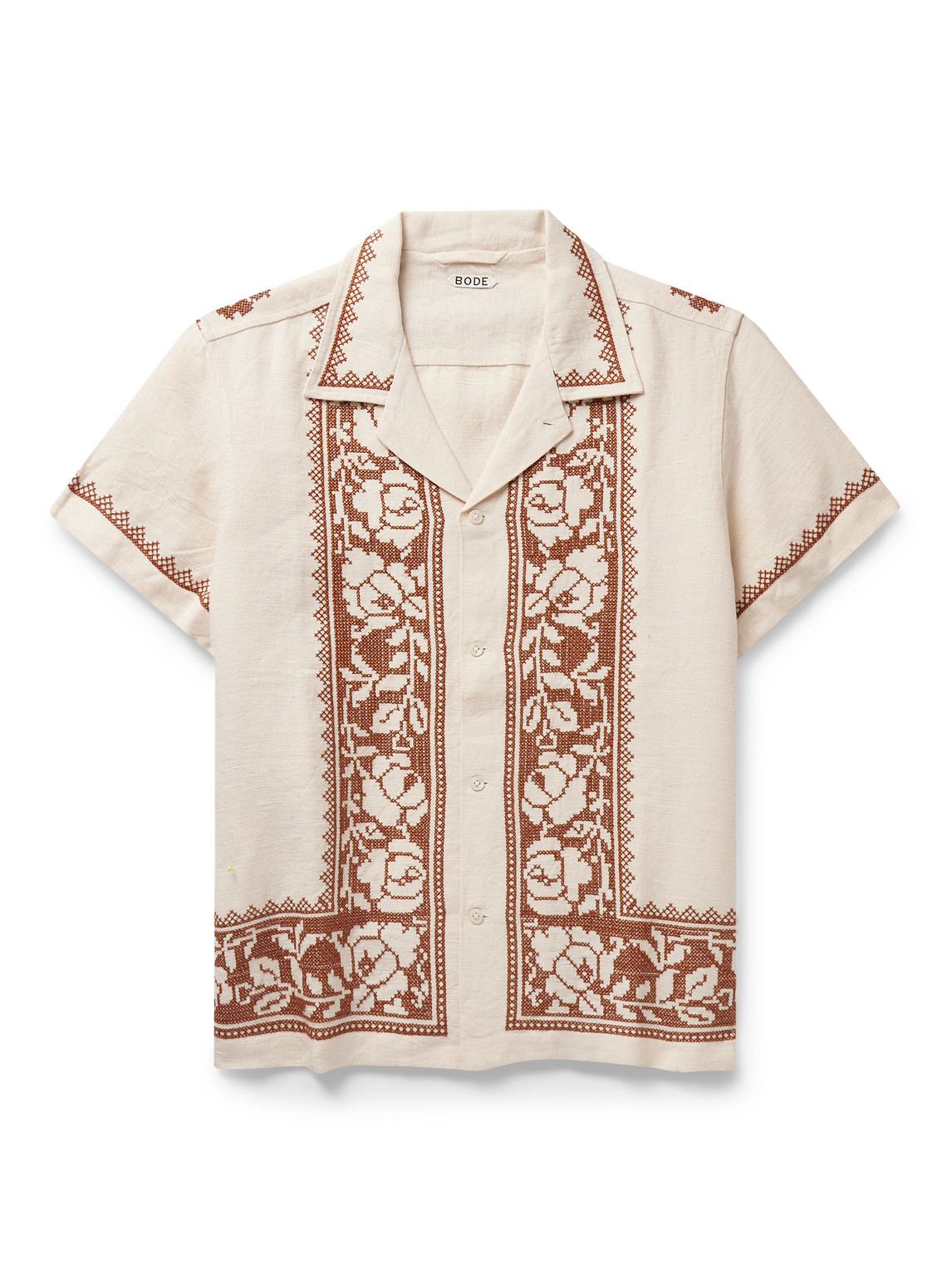 Bode Rose Garland Cross-stitched Linen Shirt In Neutrals