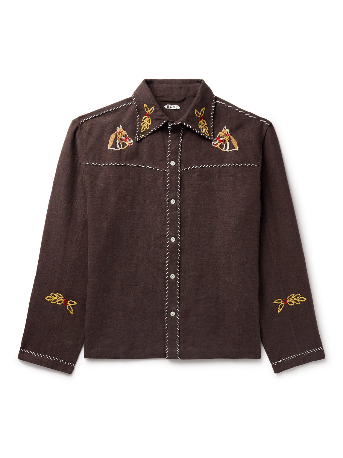 Bode Show Pony Embroidered Linen Shirt In Brown
