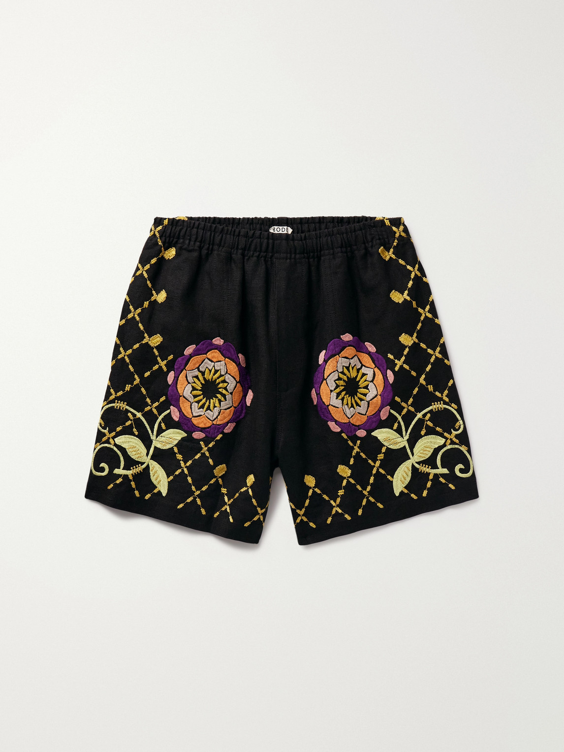Wide-Leg Embroidered Linen Shorts