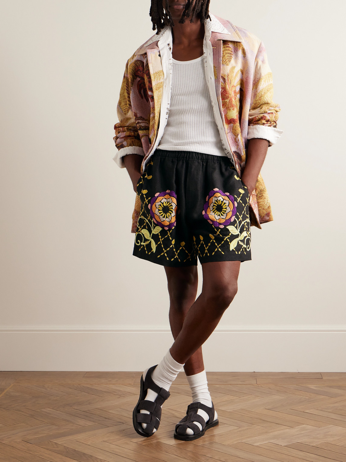 Wide-Leg Embroidered Linen Shorts — 2