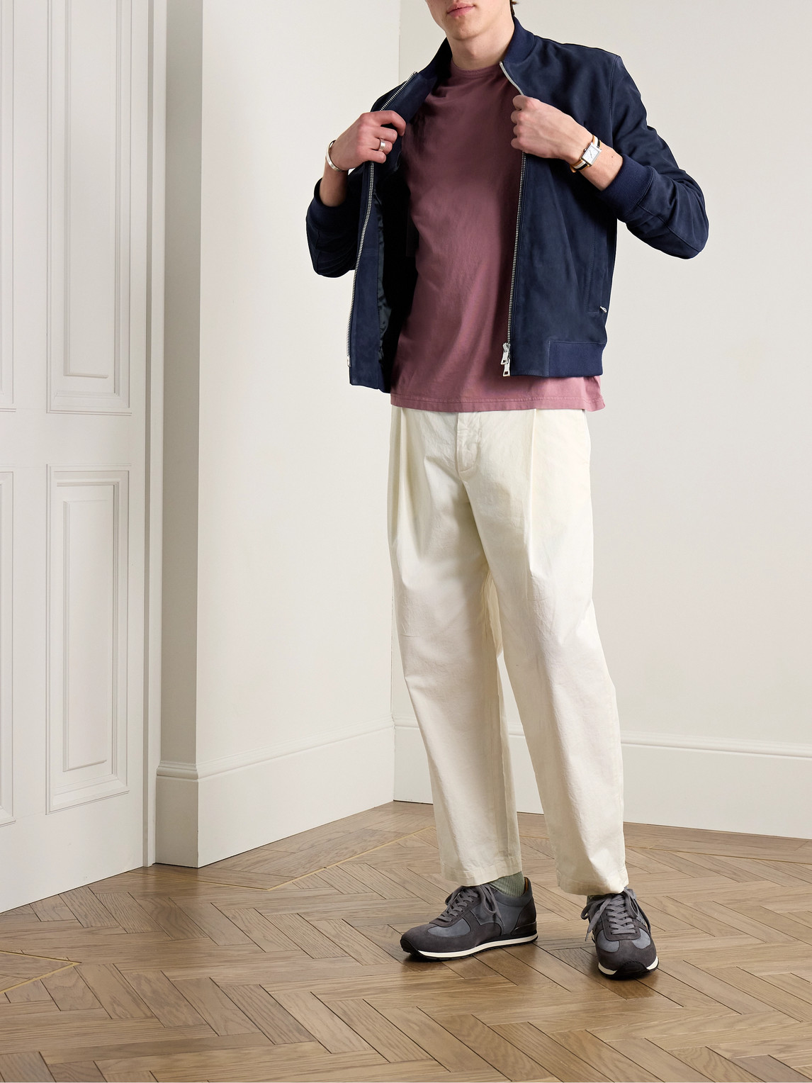 Mr P Suede Bomber Jacket In Blue