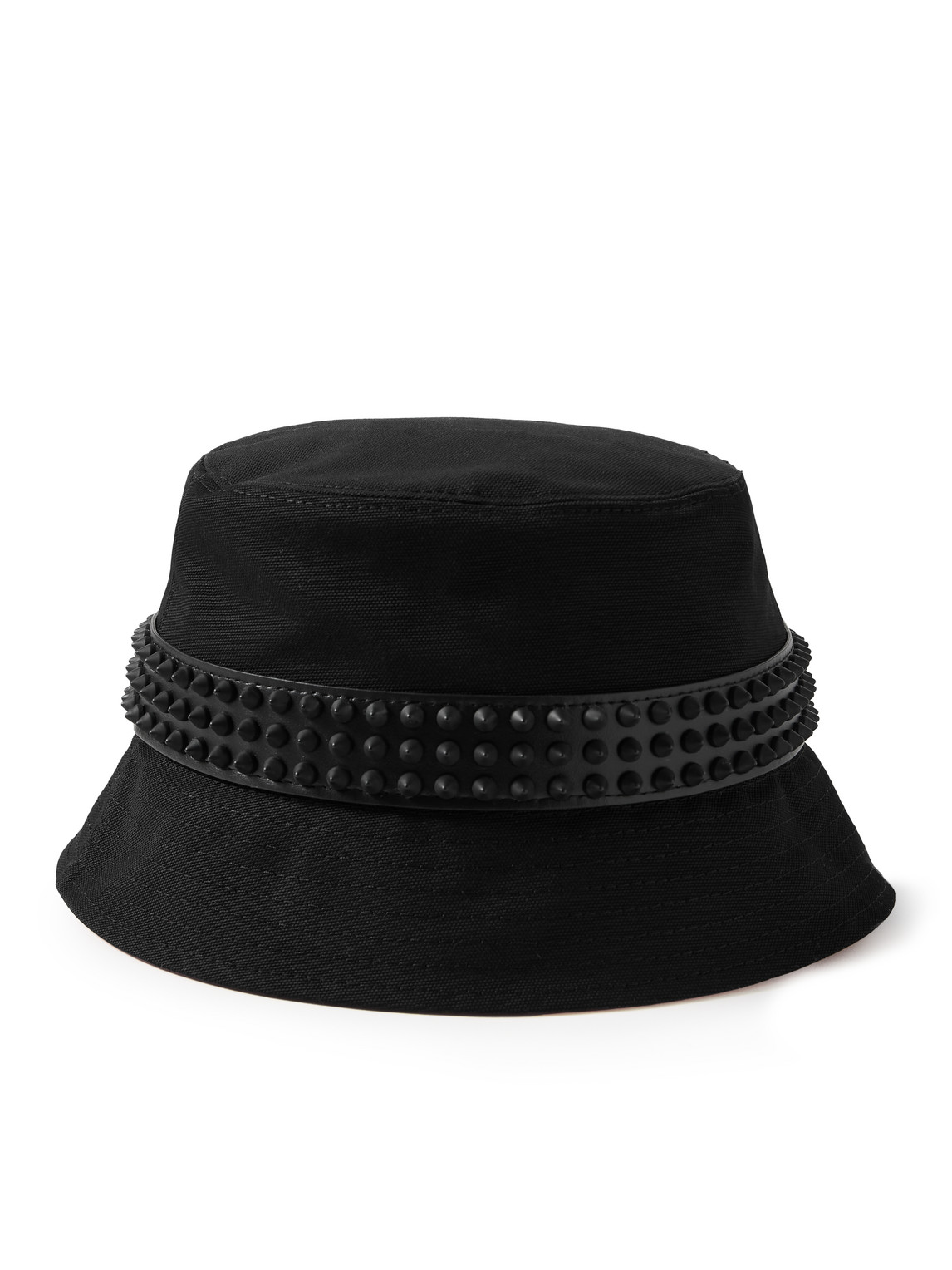 Shop Christian Louboutin Bobino Spikes Leather-trimmed Cotton-canvas Bucket Hat In Black