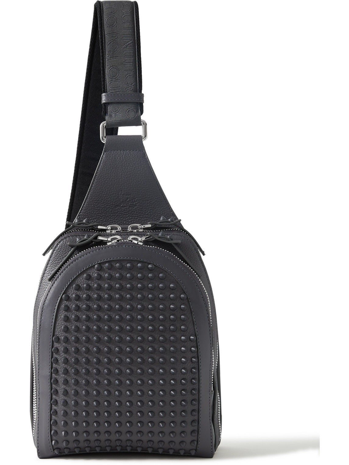 Shop Christian Louboutin Loubifunk Spiked Rubber-trimmed Full-grain Leather Sling Backpack In Gray
