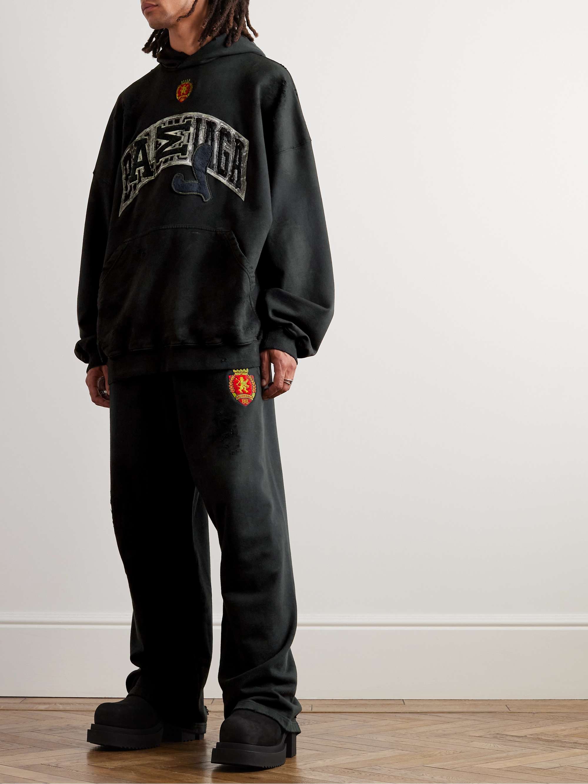 Wide-Leg Distressed Logo-Appliquéd Cotton-Jersey Sweatpants