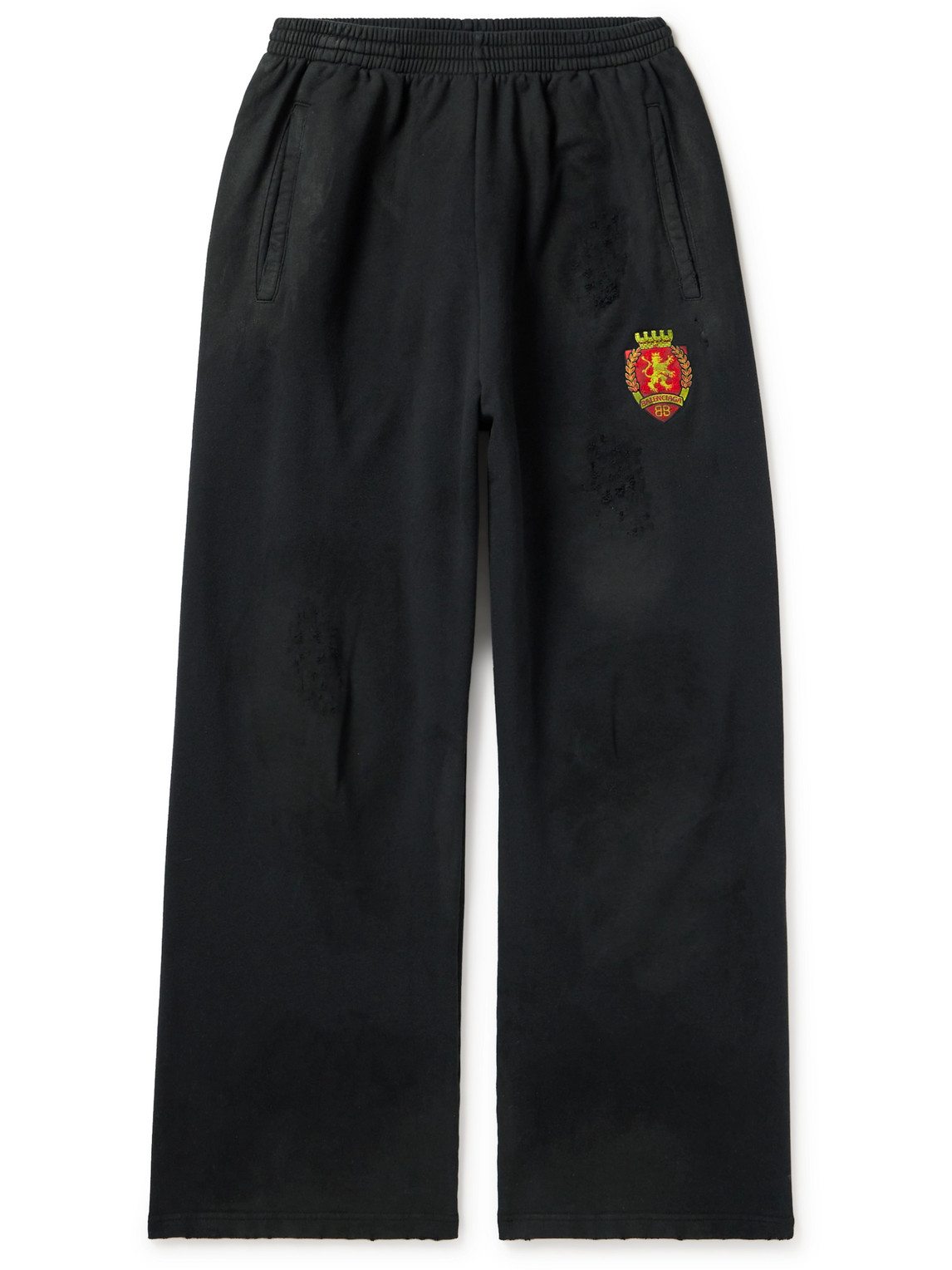 Wide-Leg Distressed Logo-Appliquéd Cotton-Jersey Sweatpants