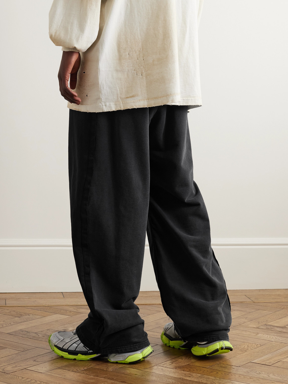 Shop Balenciaga Hybrid Wide-leg Distressed Panelled Denim And Cotton-fleece Trousers In Black