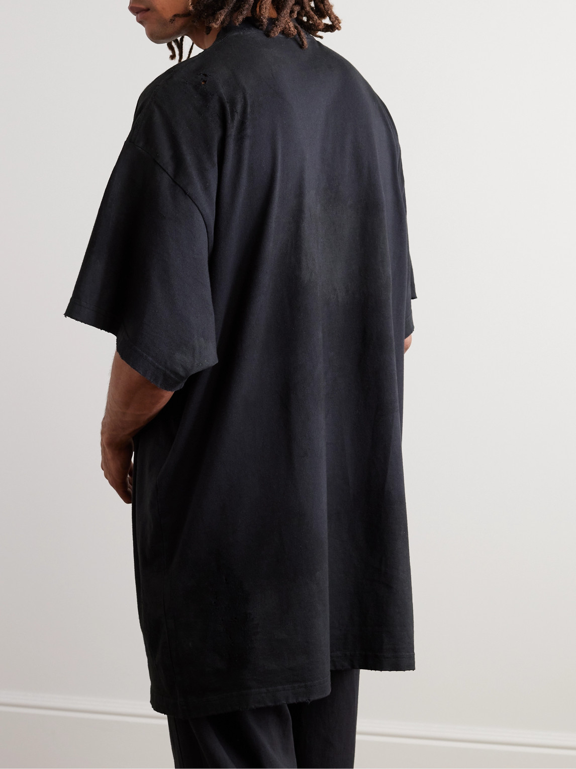 Shop Balenciaga Oversized Distressed Logo-appliquéd Cotton-jersey T-shirt In Black