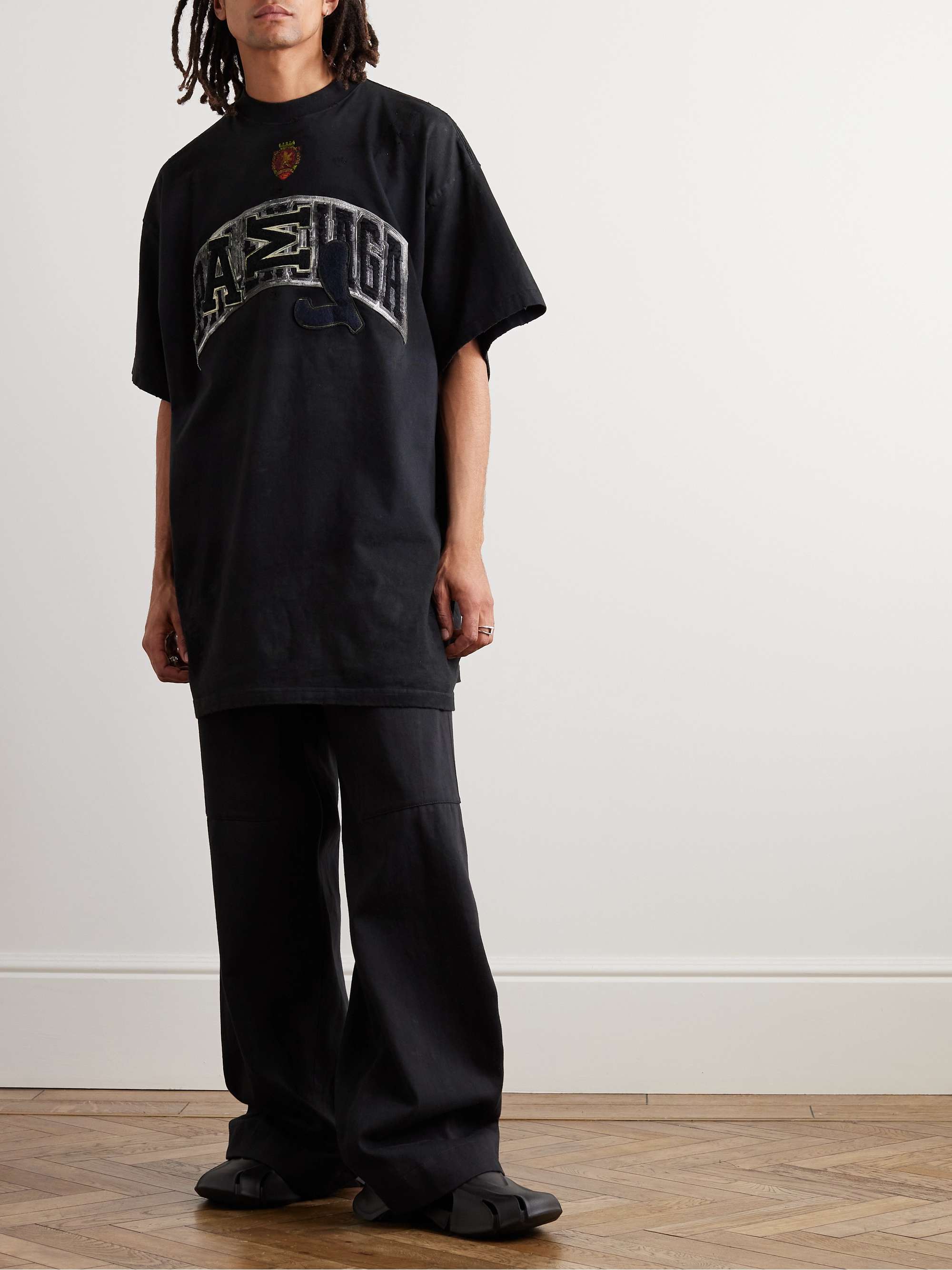 BALENCIAGA Oversized Distressed Logo-Appliquéd Cotton-Jersey