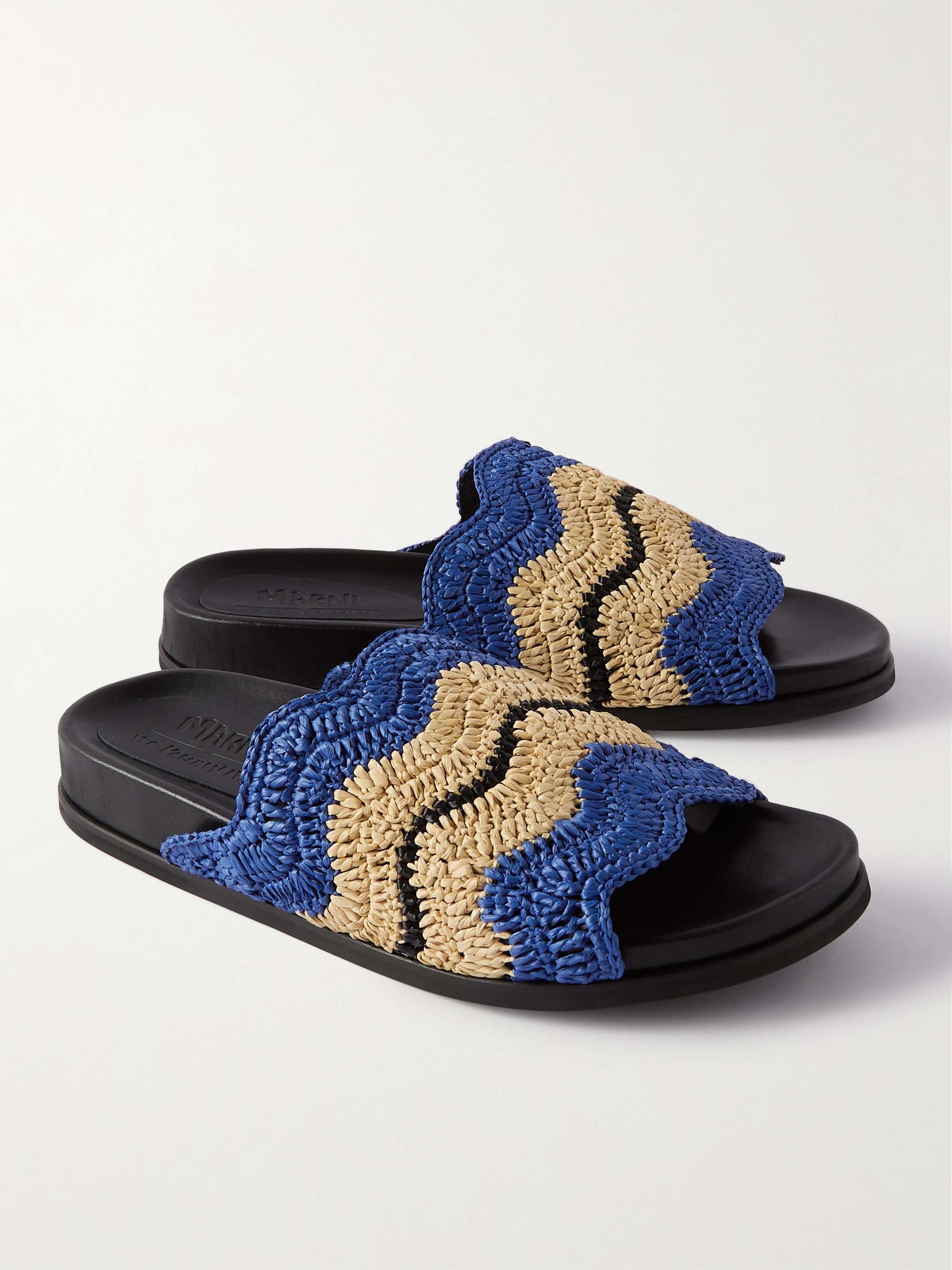 MARNI + No Vacancy Inn Striped Woven Raffia and Leather Slides