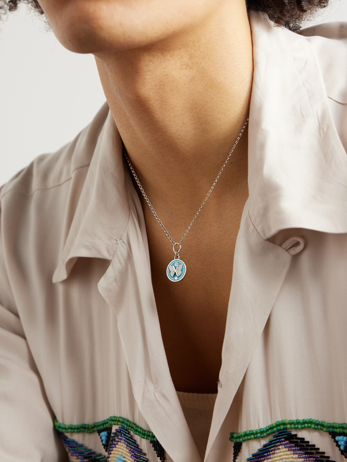 Shop Foundrae Reverie Small Belcher White Gold, Diamond And Ceramic Pendant Necklace In Blue