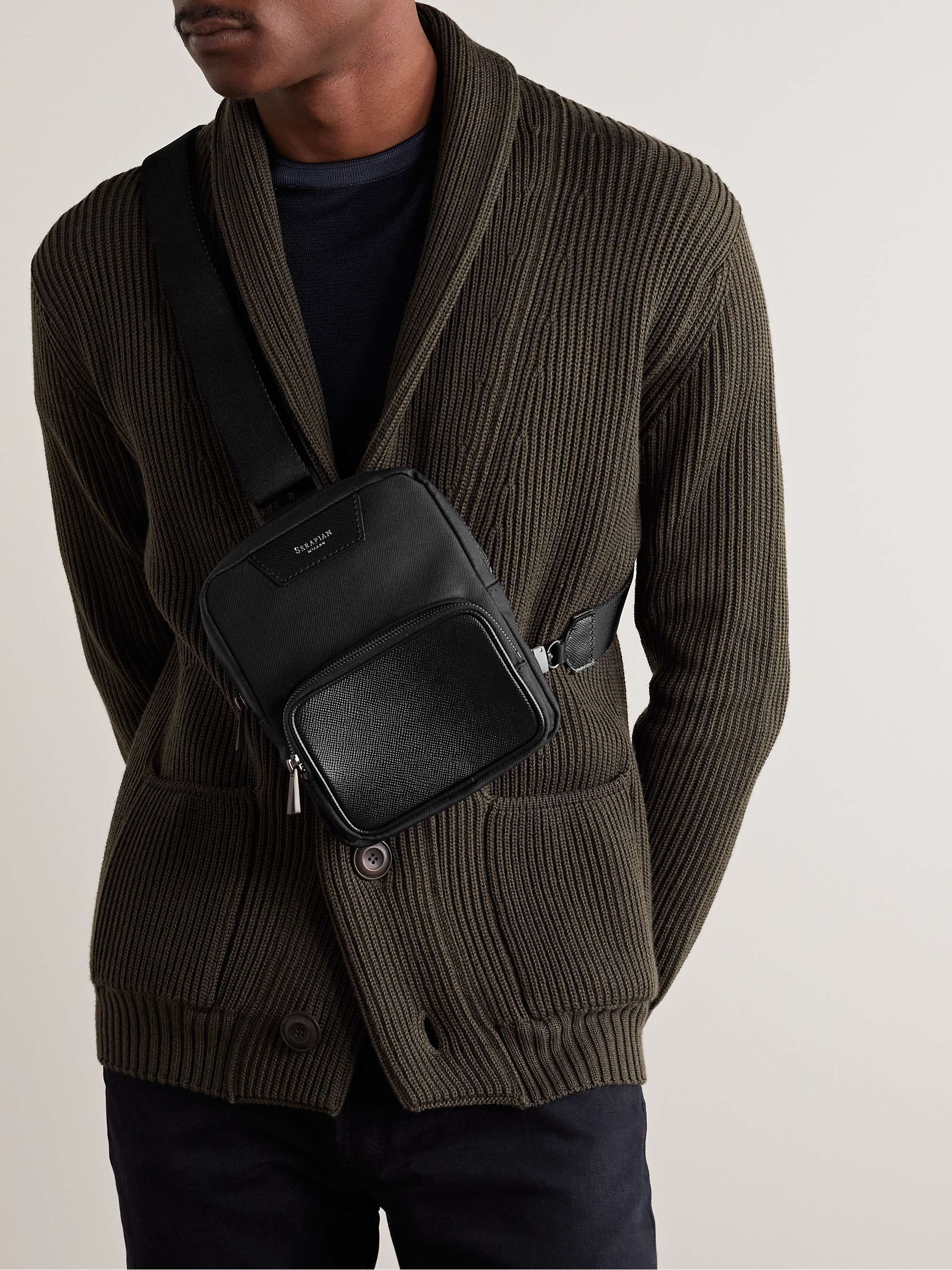 SERAPIAN Evoluzione Cross-Grain Leather and Twill Sling Backpack