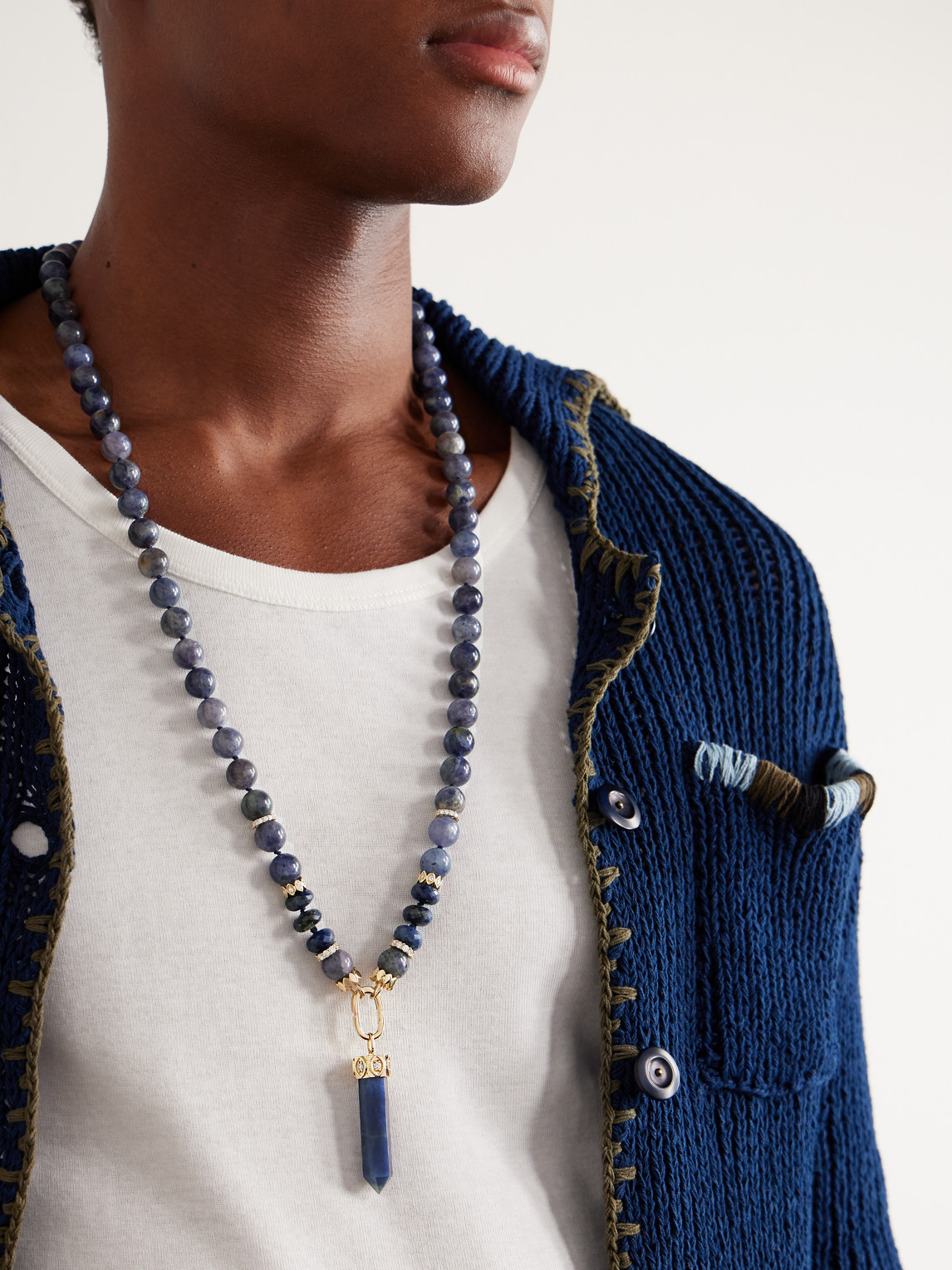 Shop Sydney Evan Gold Multi-stone Beaded Pendant Necklace In Blue