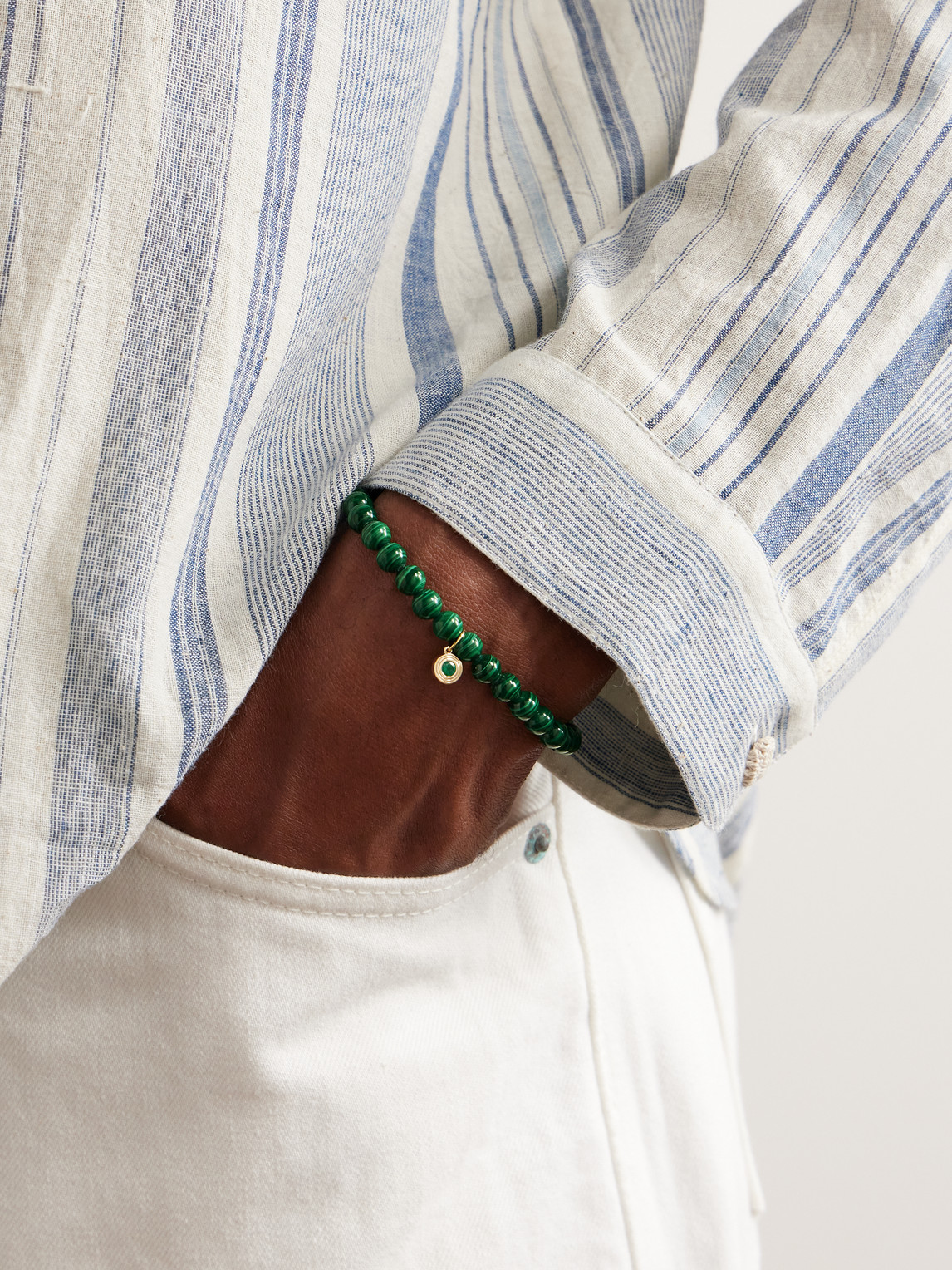 Shop Sydney Evan Gold, Malachite And Emerald Beaded Bracelet In Green