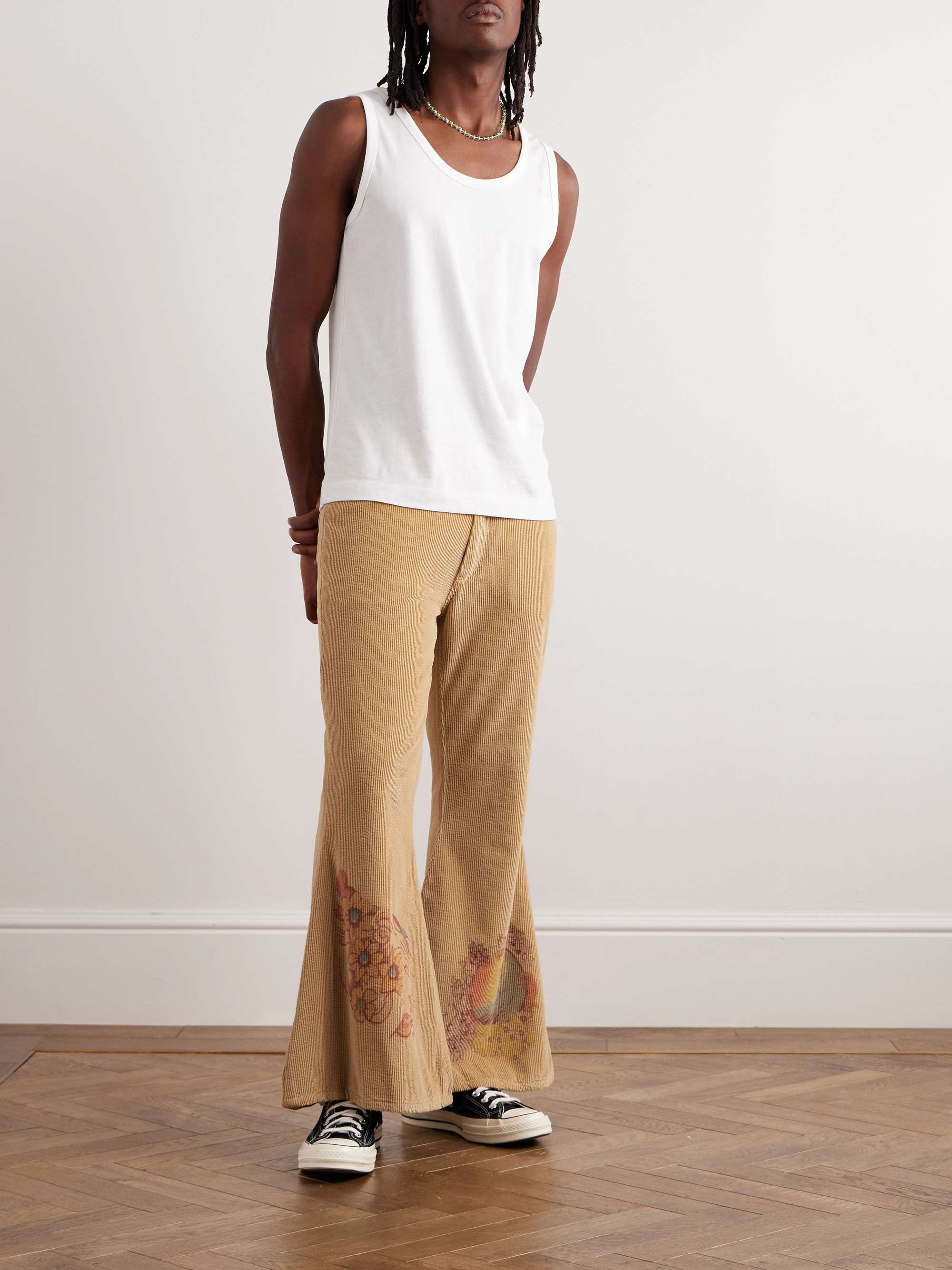 Slim-Fit Flared Printed Cotton-Blend Corduroy Trousers
