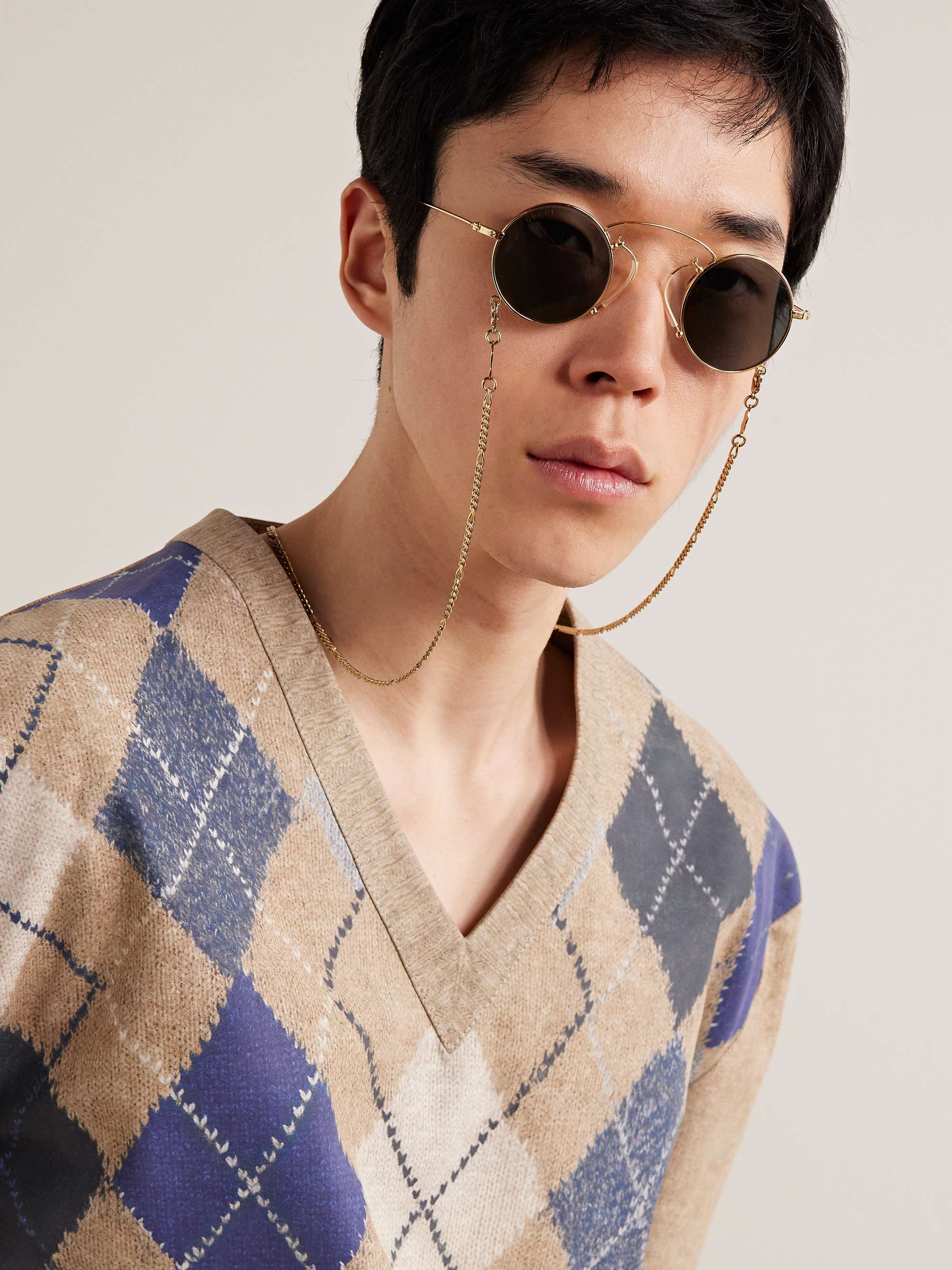 GUCCI EYEWEAR + Harry Styles HA HA HA Pince-Nez Round-Frame Gold-Tone Sunglasses