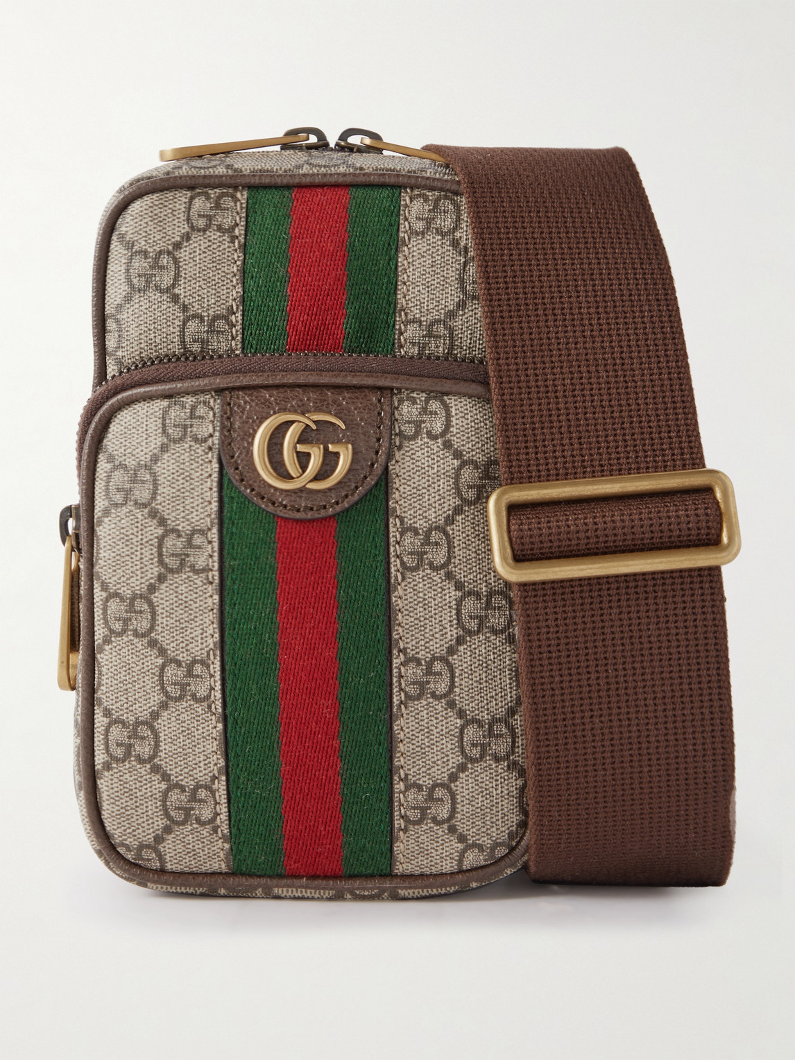 Gucci Ophidia Leather-trimmed Monogrammed Coated-canvas Messenger Bag In Brown