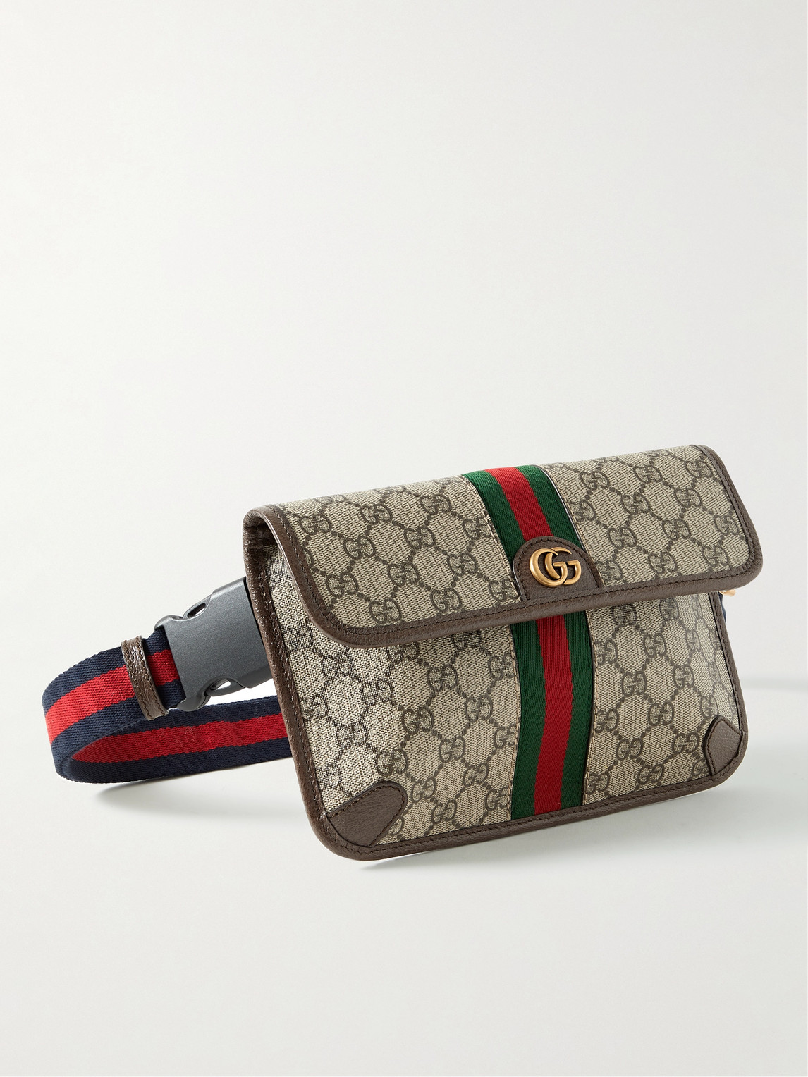 Gucci Ophidia Leather And Webbing-trimmed Monogrammed Coated-canvas Belt Bag In Brown